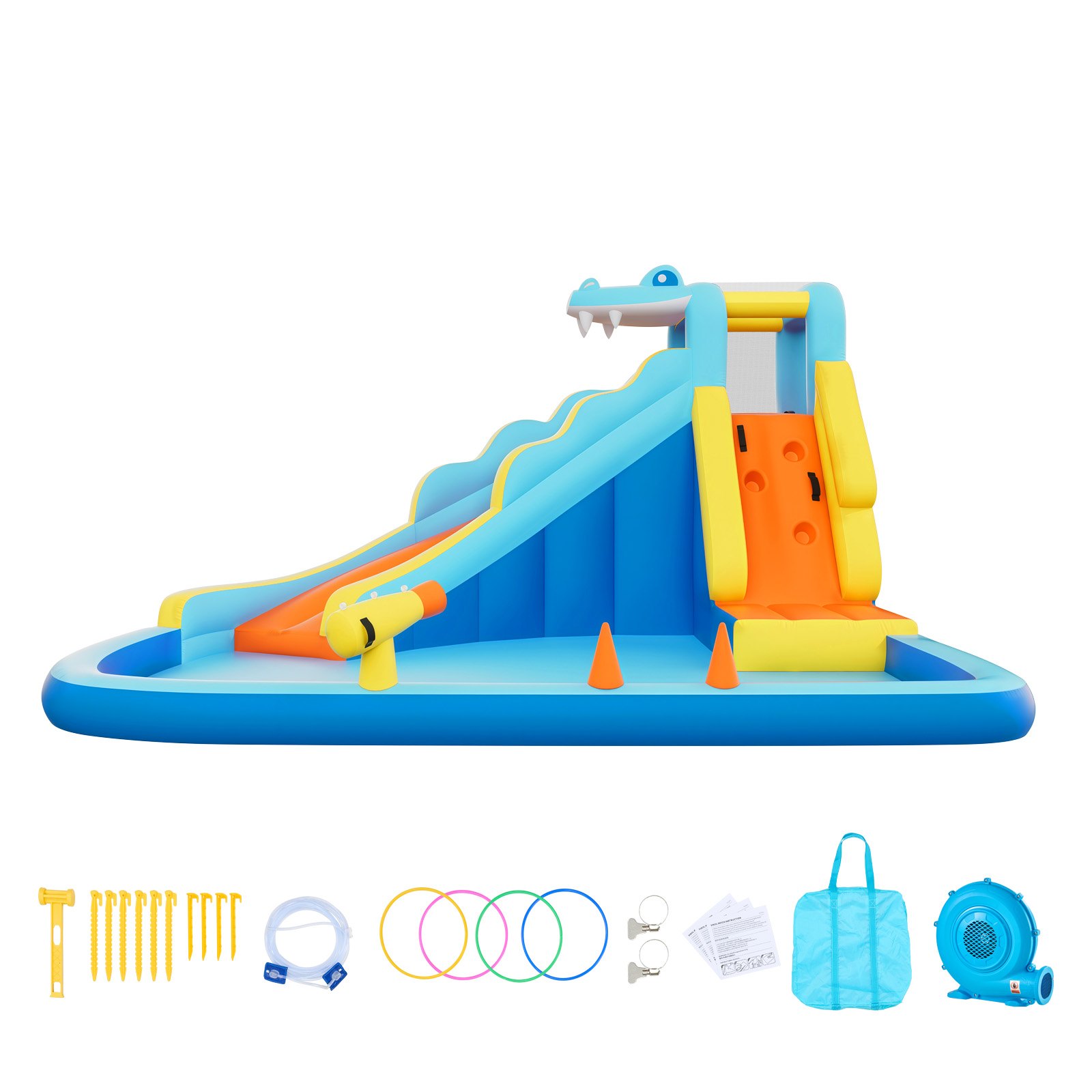 Castillo hinchable VEVOR, 3,5 x 4 x 2,3 m. Incluye tobogán acuático, zona de saltos, rocódromo, piscina y juego de aros de agua. Para 3 o 4 niños de 3 a 8 años.