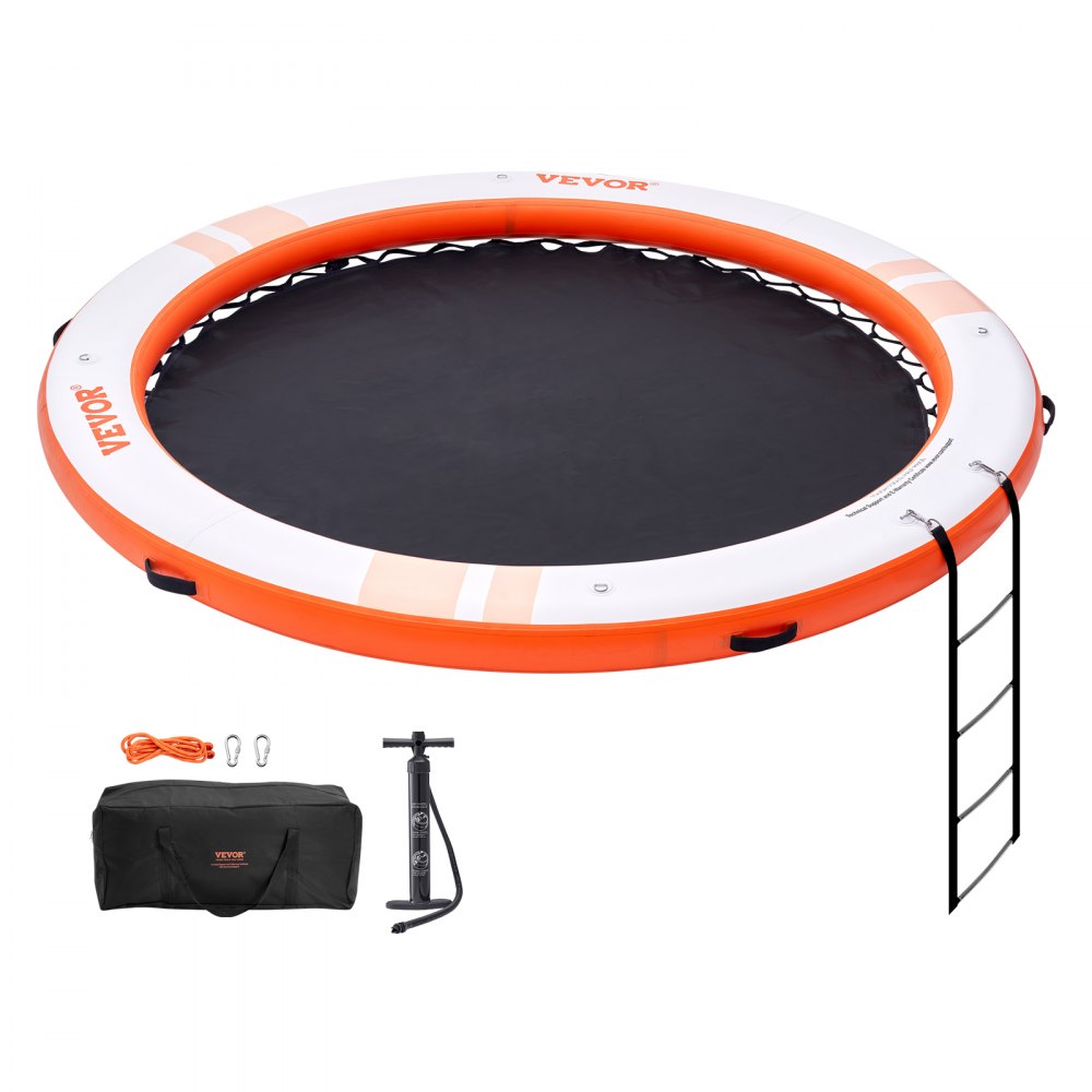 Muelle flotante inflable VEVOR de 3 m de diámetro con trampolín de malla de 2,4 m de diámetro, plataforma flotante antideslizante con bolsa portátil y escalera desmontable para relajarse en la piscina y la playa.