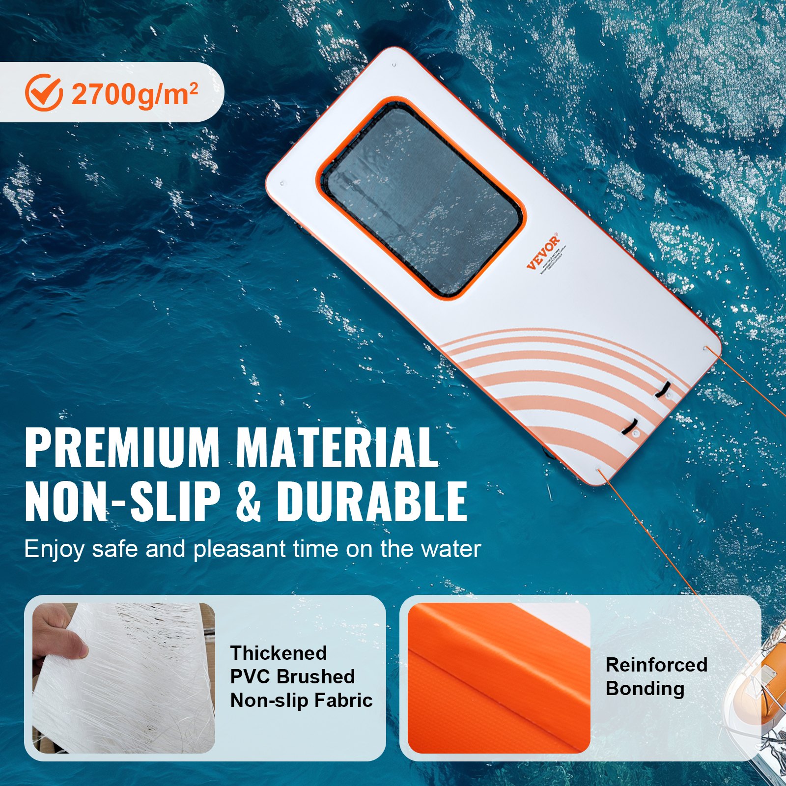 Muelle flotante inflable VEVOR de 4,5 x 1,9 m con trampolín de malla de 1,2 x 1,8 m, plataforma flotante antideslizante con bolsa portátil y escalera desmontable para relajarse en la piscina y la playa.