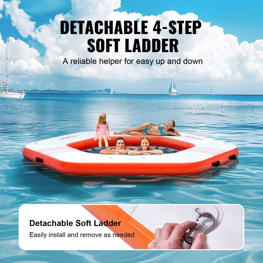 Muelle flotante inflable VEVOR de 8.5 pies de diámetro con trampolín de malla de 5 pies de diámetro, plataforma flotante antideslizante, colchón de agua con bolsa portátil y escalera desmontable para relajarse en la piscina y la playa.