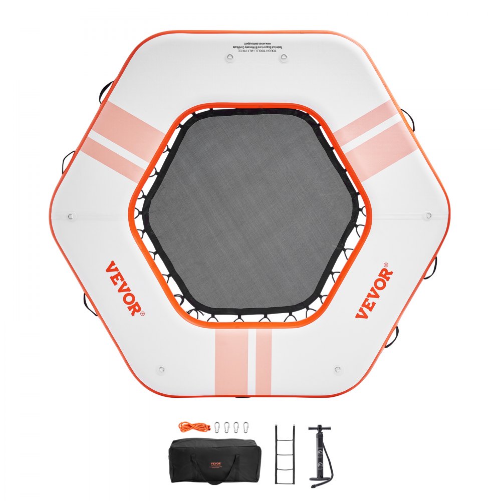 Muelle flotante inflable VEVOR de 8.5 pies de diámetro con trampolín de malla de 5 pies de diámetro, plataforma flotante antideslizante, colchón de agua con bolsa portátil y escalera desmontable para relajarse en la piscina y la playa.