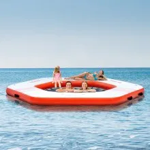 Muelle flotante inflable VEVOR, plataforma de muelle inflable de 8,5 pies de diámetro con piscina de malla de trampolín de 5 pies de diámetro, plataforma flotante antideslizante, colchoneta de agua con bolsa portátil y escalera desmontable para relajarse en la piscina y la playa