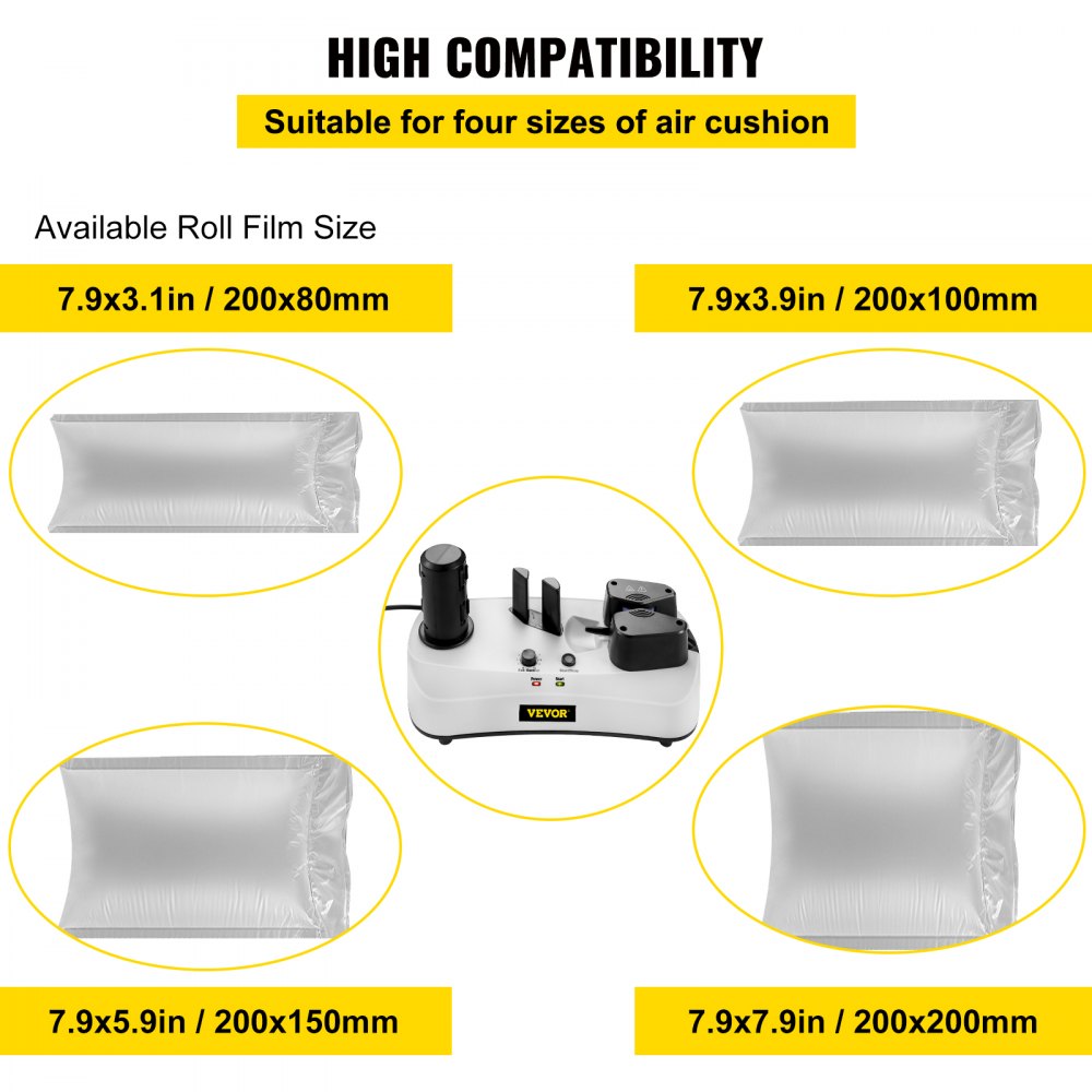 Máquina de cojines de aire VEVOR compatible con cuatro tamaños de cojines: 200x80 mm, 100 mm, 150 mm, 200 mm.