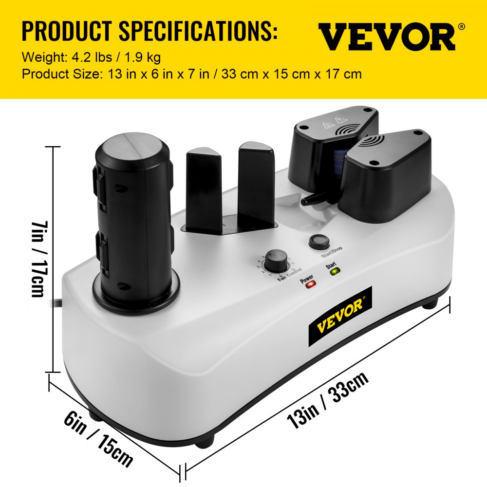 Máquina de colchón de aire VEVOR con especificaciones, mide 13x6x7 pulgadas, cuerpo blanco con partes negras.