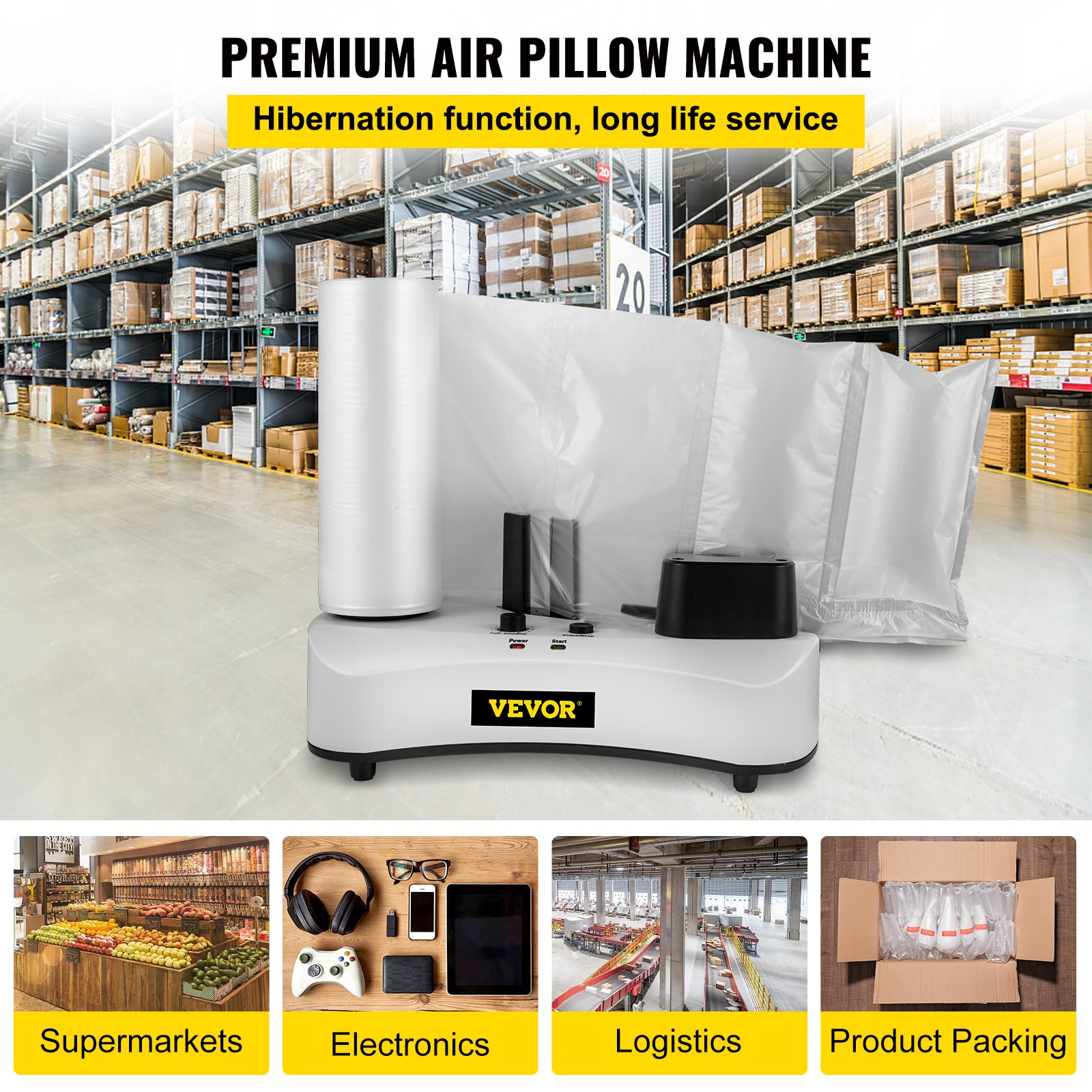 Máquina de cojines de aire VEVOR en almacén, ideal para supermercados, electrónica, logística, embalaje.