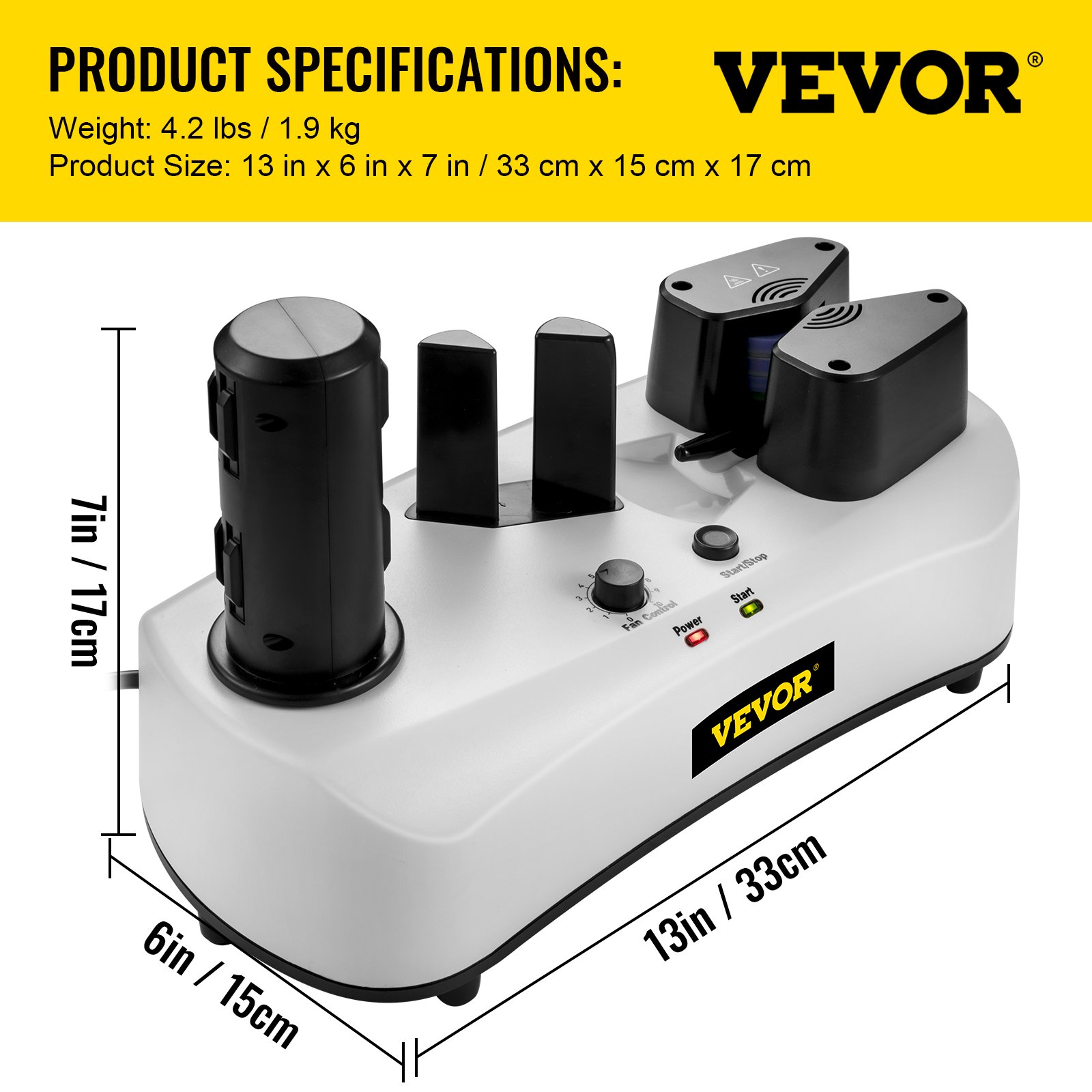 Máquina de colchón de aire VEVOR con especificaciones, mide 13x6x7 pulgadas, cuerpo blanco con partes negras.