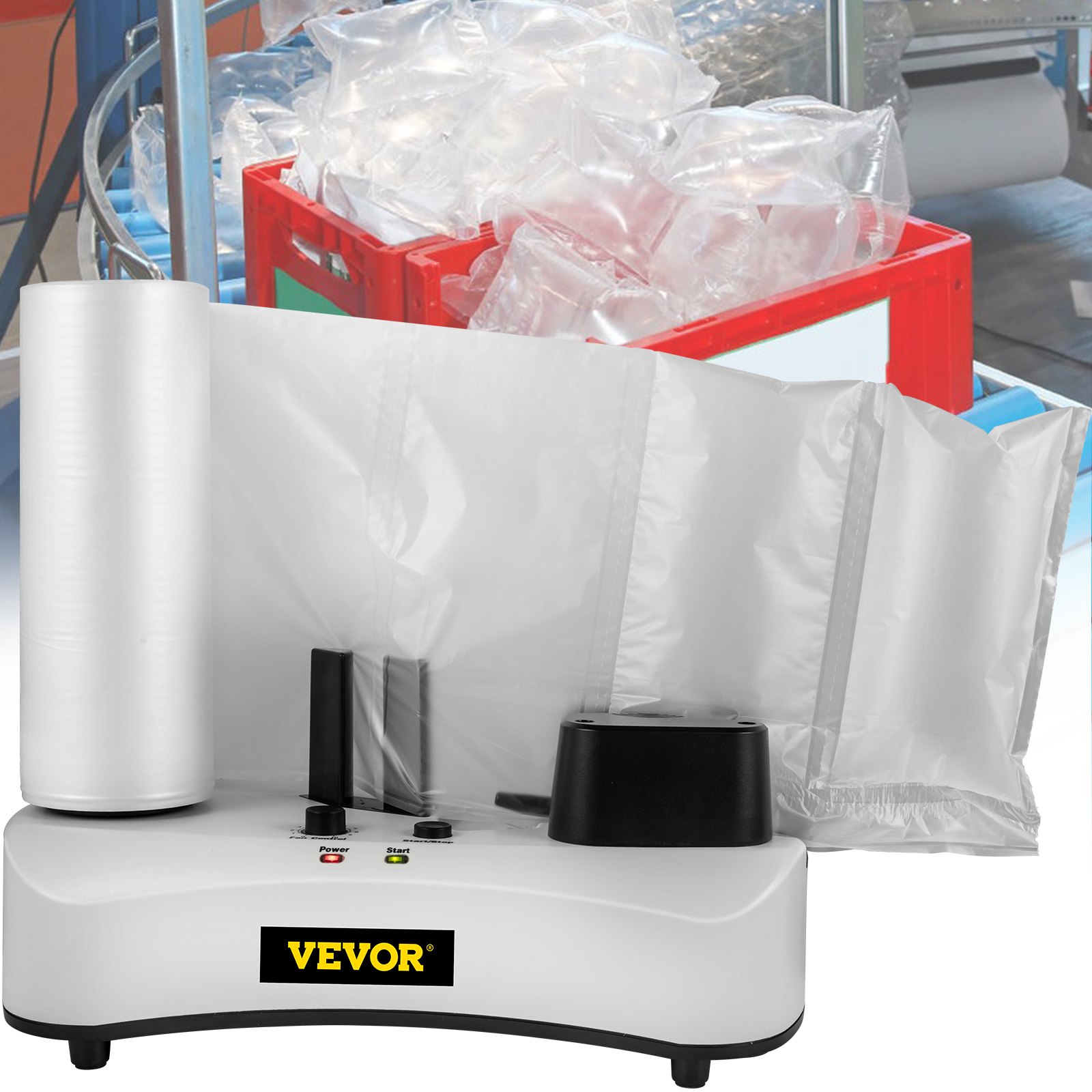 Máquina de cojines de aire VEVOR con almohadas de aire en contenedor rojo.