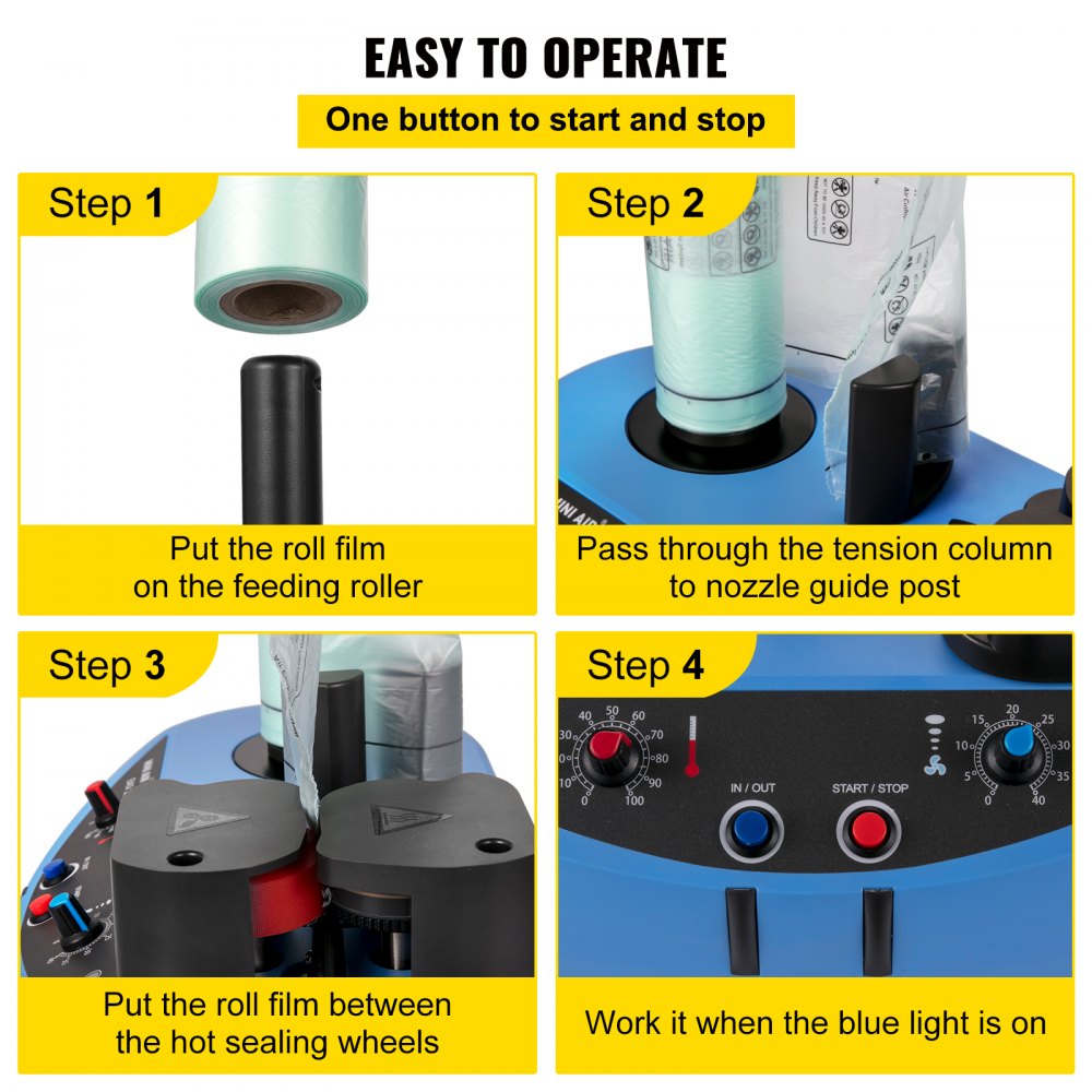 Máquina de cojines de aire VEVOR, rollo de película de prueba de 50 m (164 pies), 110 V, velocidad de sellado de 4 m/min (13 pies/min), inflable portátil para embalaje y envío.