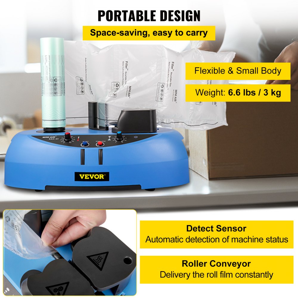 Máquina de cojines de aire VEVOR, rollo de película de prueba de 50 m (164 pies), 110 V, velocidad de sellado de 4 m/min (13 pies/min), inflable portátil para embalaje y envío.