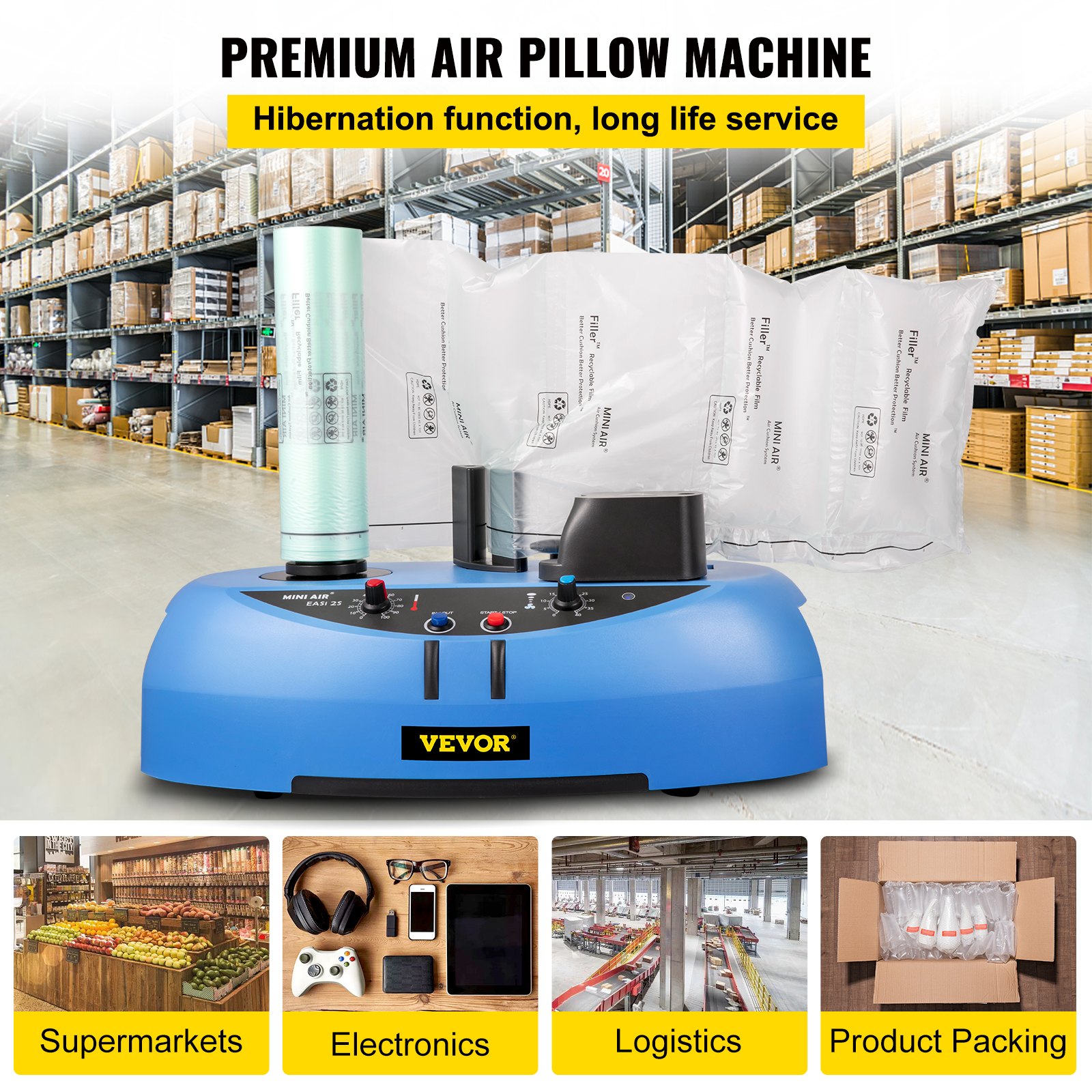 Máquina de colchón de aire VEVOR, rollo de película de prueba de 164 pies/50 m, fabricante de colchón de aire de 110 V con velocidad de sellado de 4 m/min (13 pies/min), inflable portátil utilizado para embalaje y envío
