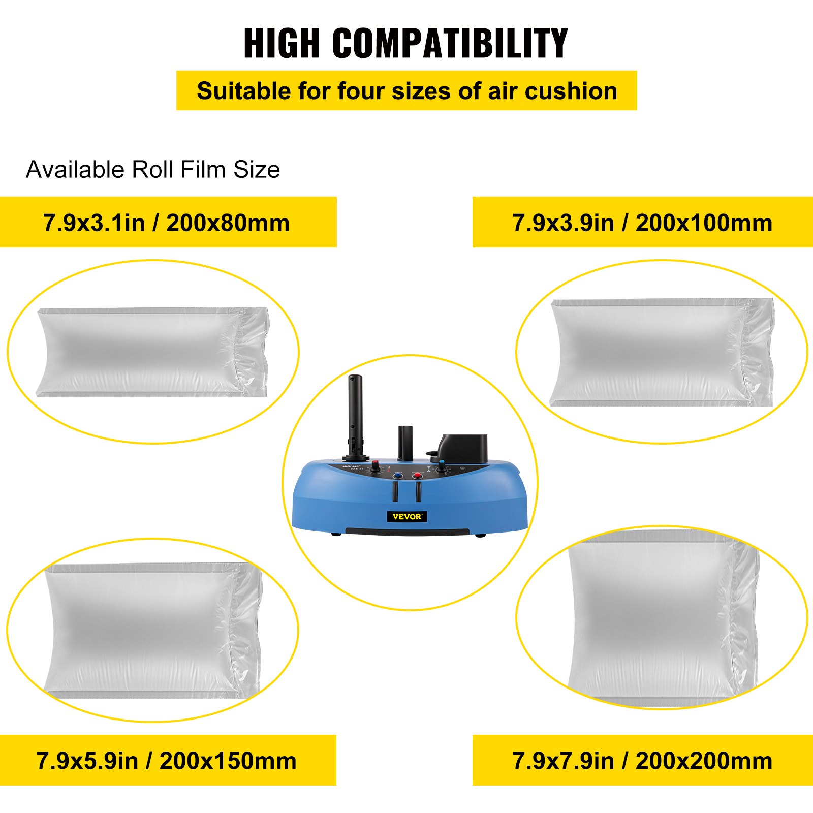 Máquina de cojines de aire VEVOR, rollo de película de prueba de 50 m (164 pies), 110 V, velocidad de sellado de 4 m/min (13 pies/min), inflable portátil para embalaje y envío.