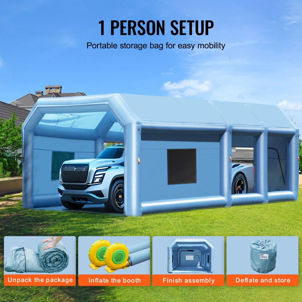 Cabina de pintura inflable VEVOR, 8,9 x 4,8 x 3,6 m, con potentes sopladores de 950 W + 750 W y sistema de filtro de aire, cabina de pintura portátil para camiones, furgonetas y maquinaria grande.