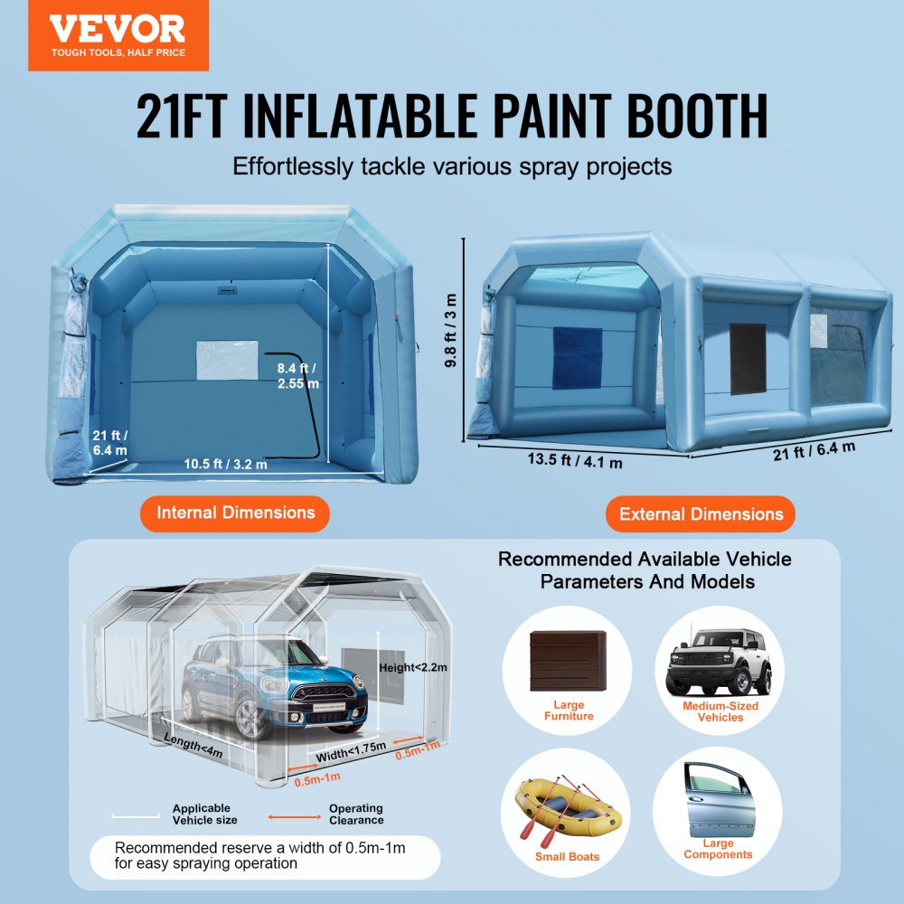Cabina de pintura inflable VEVOR de 6,4 x 4,1 x 3 m, con potente soplador de 1100 W y sistema de filtro de aire, ideal para pintar muebles grandes y vehículos medianos.