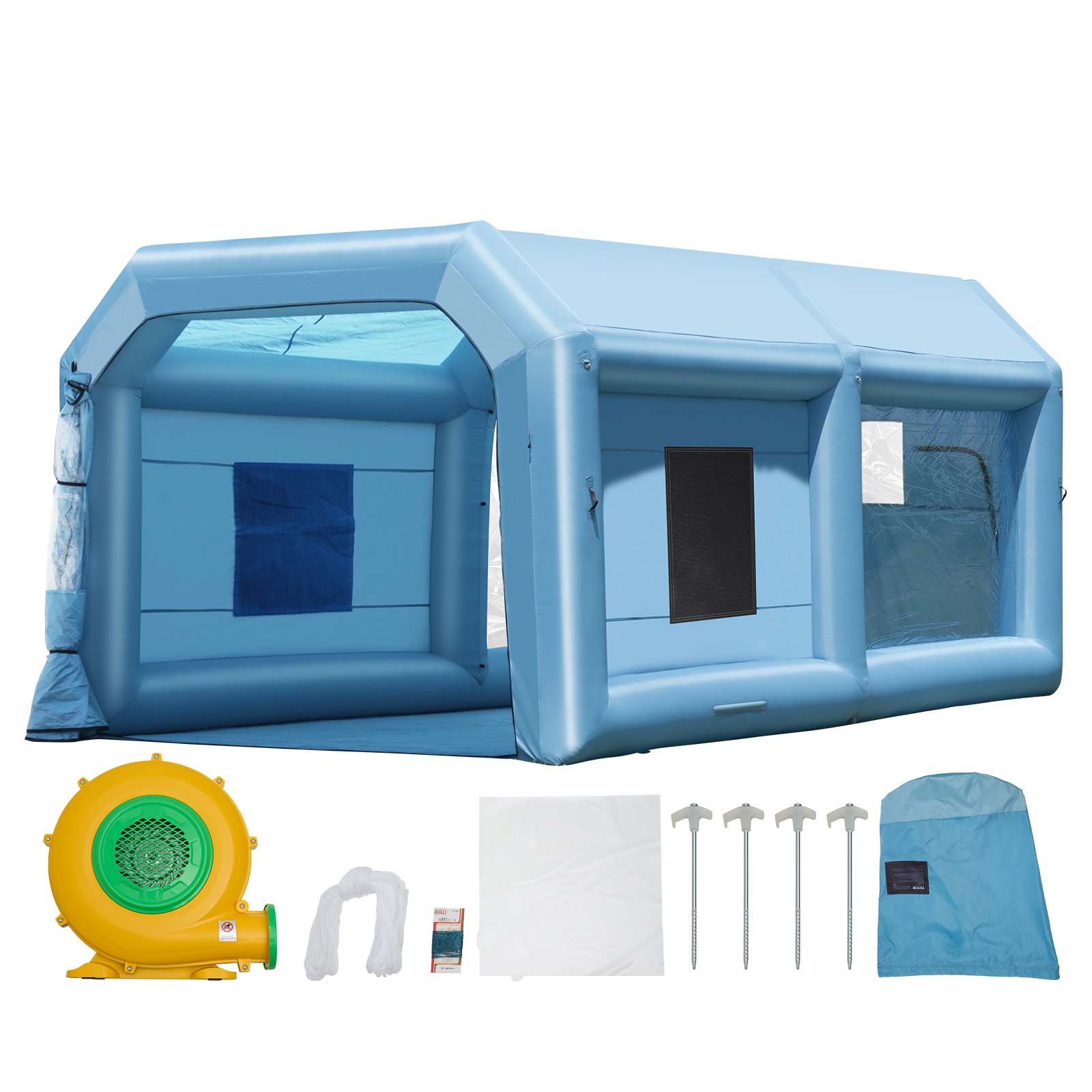 Cabina de pintura inflable VEVOR de 6,4 x 4,1 x 3 m, con potente soplador de 1100 W y sistema de filtro de aire, ideal para pintar muebles grandes y vehículos medianos.