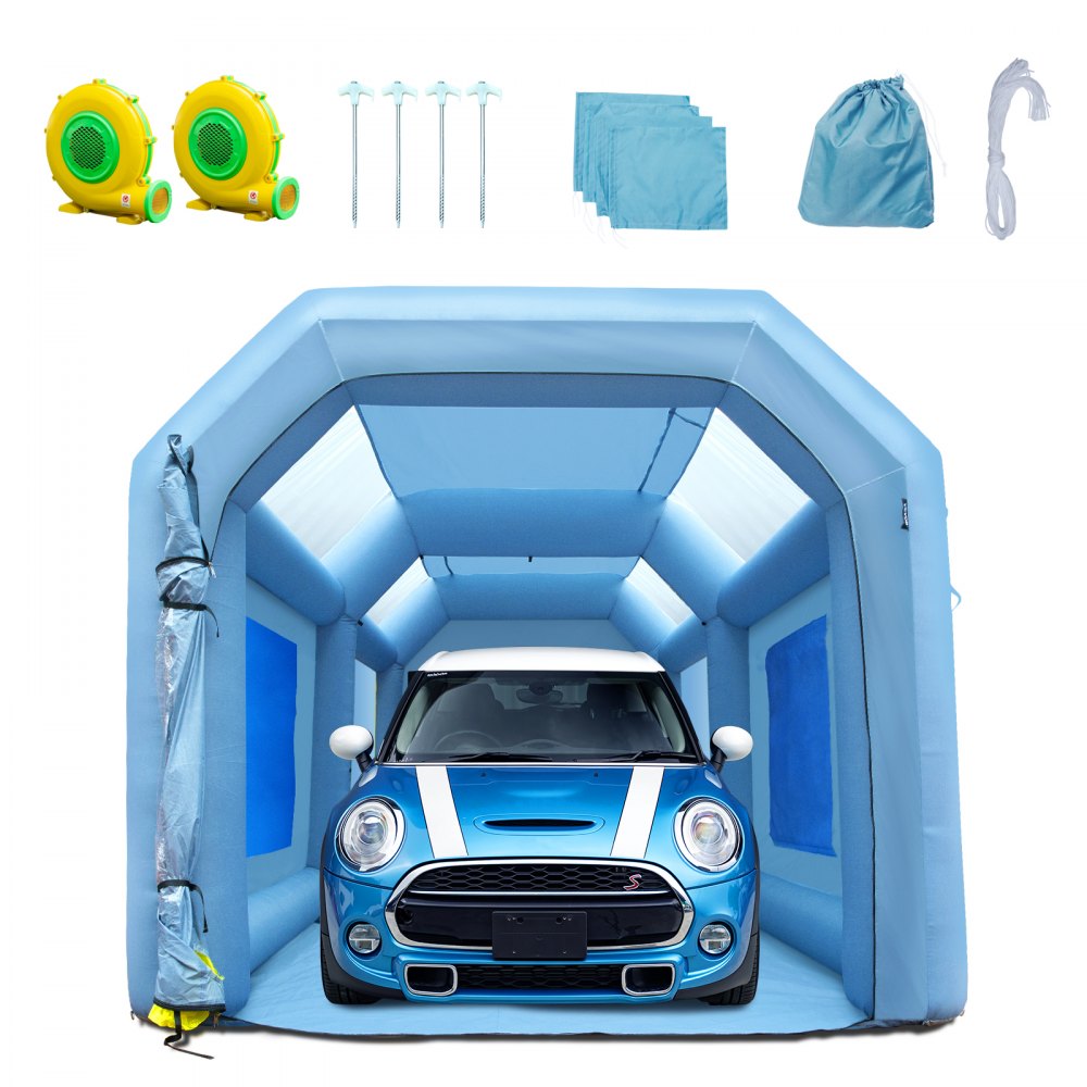 Cabina de pintura inflable VEVOR con mini cooper azul en su interior, incluye sopladores, estacas y accesorios.