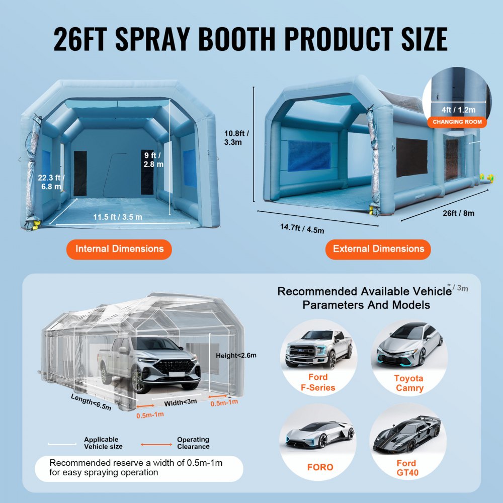 Cabina de pintura inflable VEVOR de 7,9 x 4,5 x 3,3 m, cabina de pintura inflable, sopladores de alta potencia de 750 W + 950 W, sistema de filtro de aire para coche, estacionamiento, estación de trabajo, garaje de motocicletas