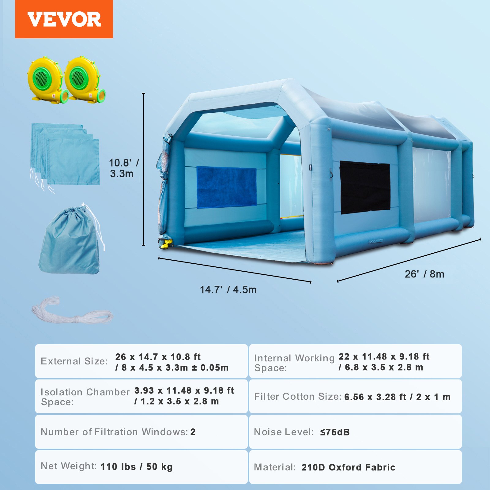 Cabina de pintura inflable VEVOR de 7,9 x 4,5 x 3,3 m, cabina de pintura inflable, sopladores de alta potencia de 750 W + 950 W, sistema de filtro de aire para coche, estacionamiento, estación de trabajo, garaje de motocicletas