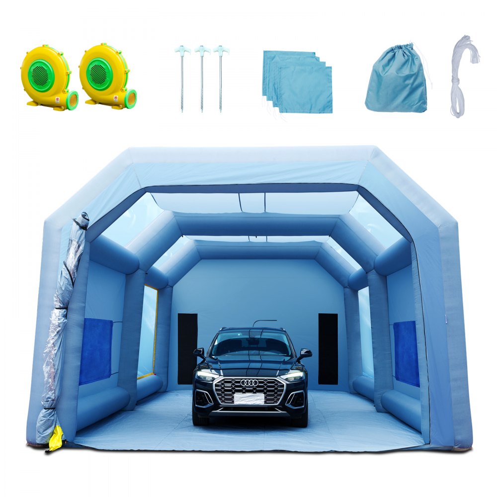 Cabina de pintura inflable VEVOR con coche, sopladores, estacas, cuerdas y bolsa de transporte en color azul.