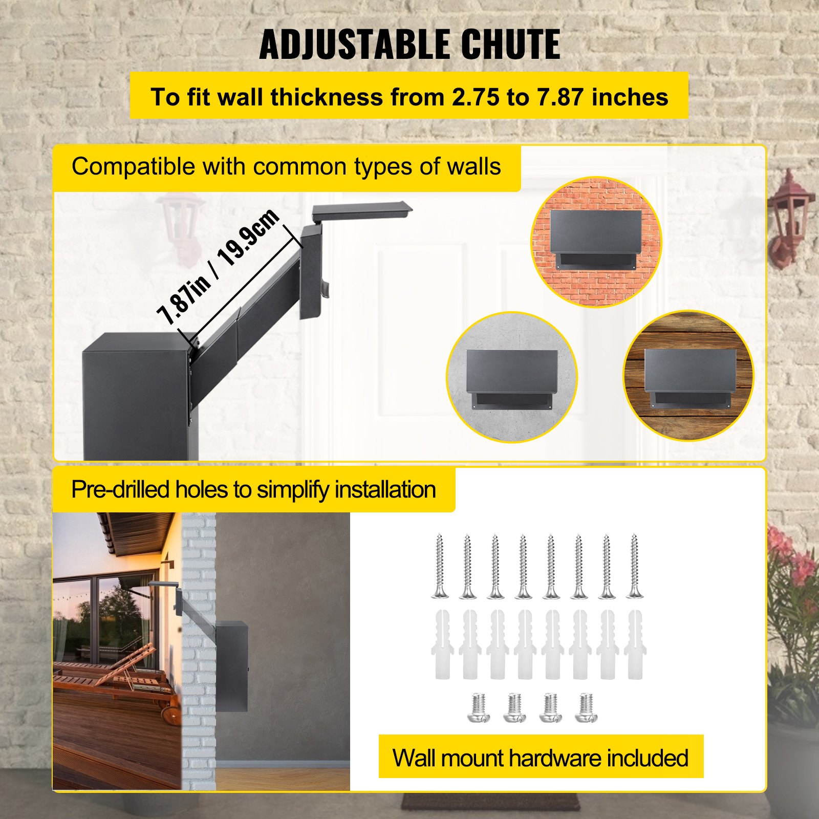 Buzón VEVOR con conducto ajustable, compatible con varios tipos de paredes e incluye herrajes