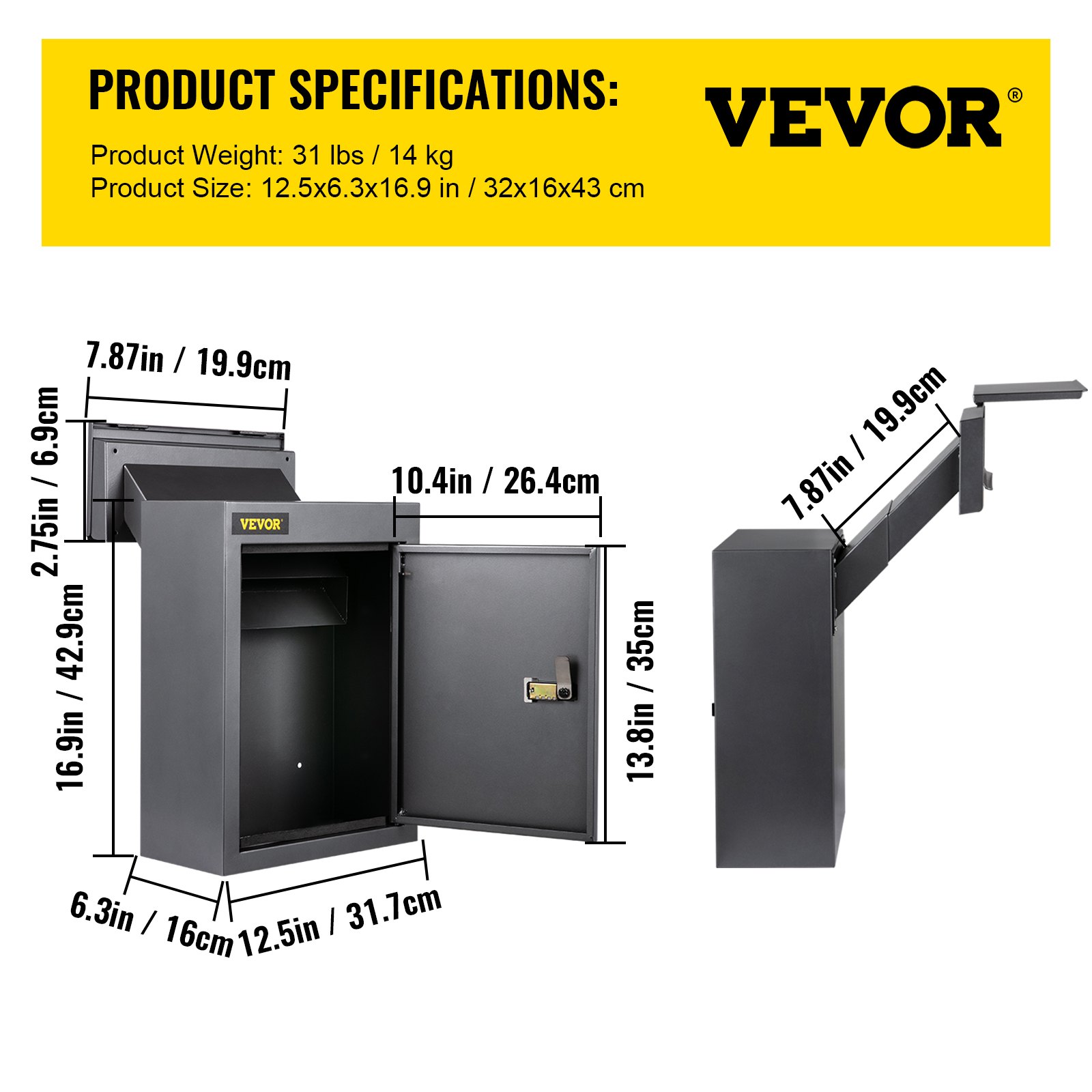 Especificaciones y dimensiones del buzón VEVOR con vistas abiertas y laterales.