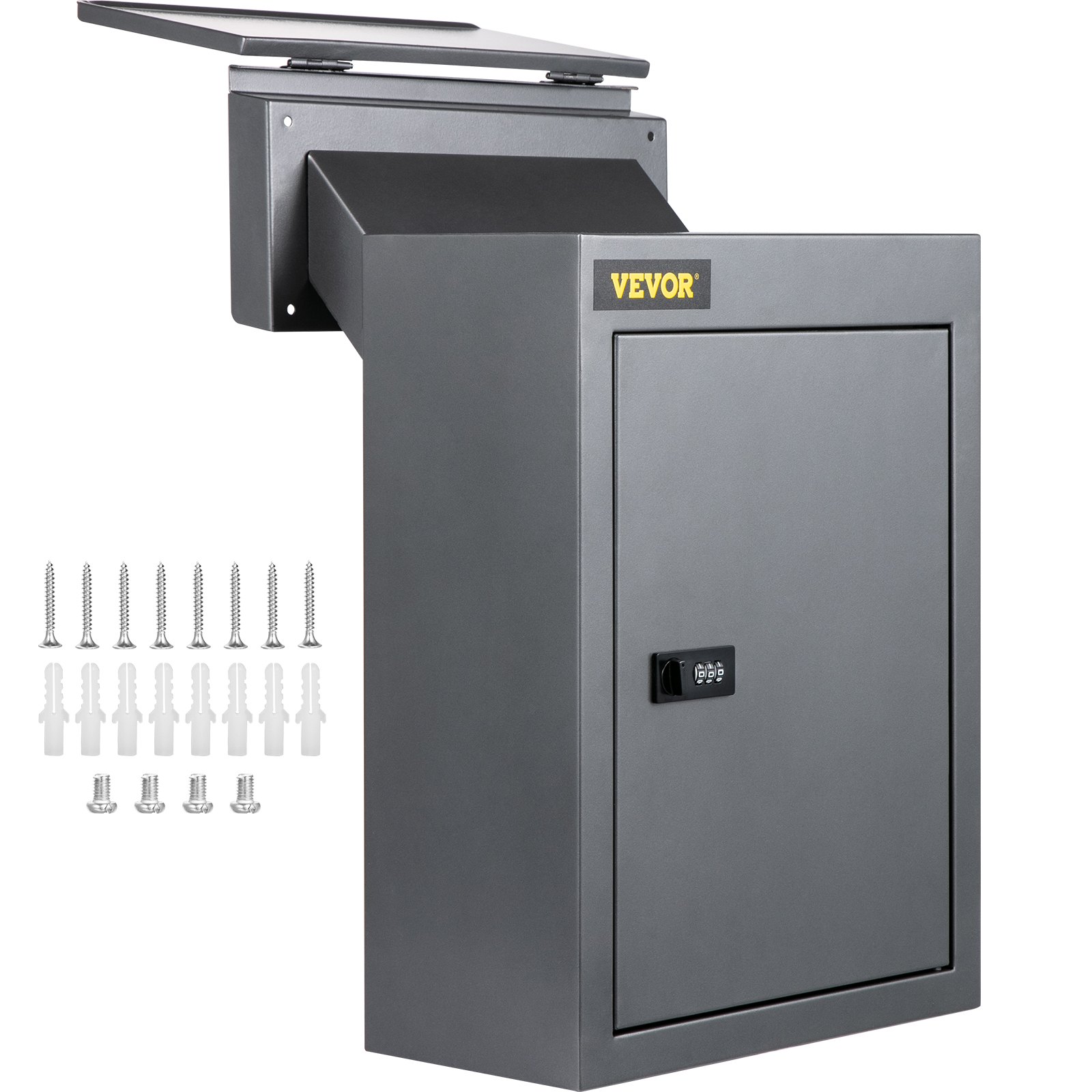 Buzón VEVOR gris con cerradura de combinación, tornillos de pared y anclajes incluidos.