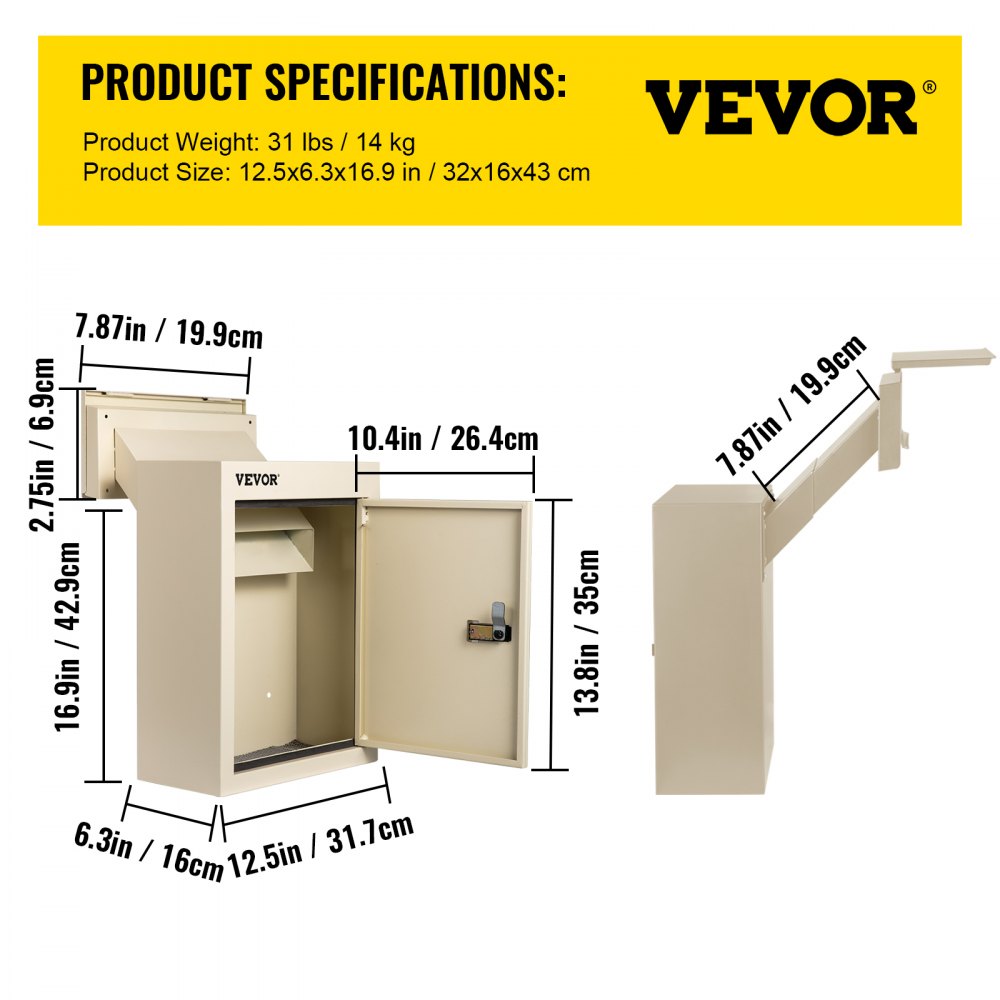 Buzón de VEVOR con dimensiones y especificaciones del producto mostradas.