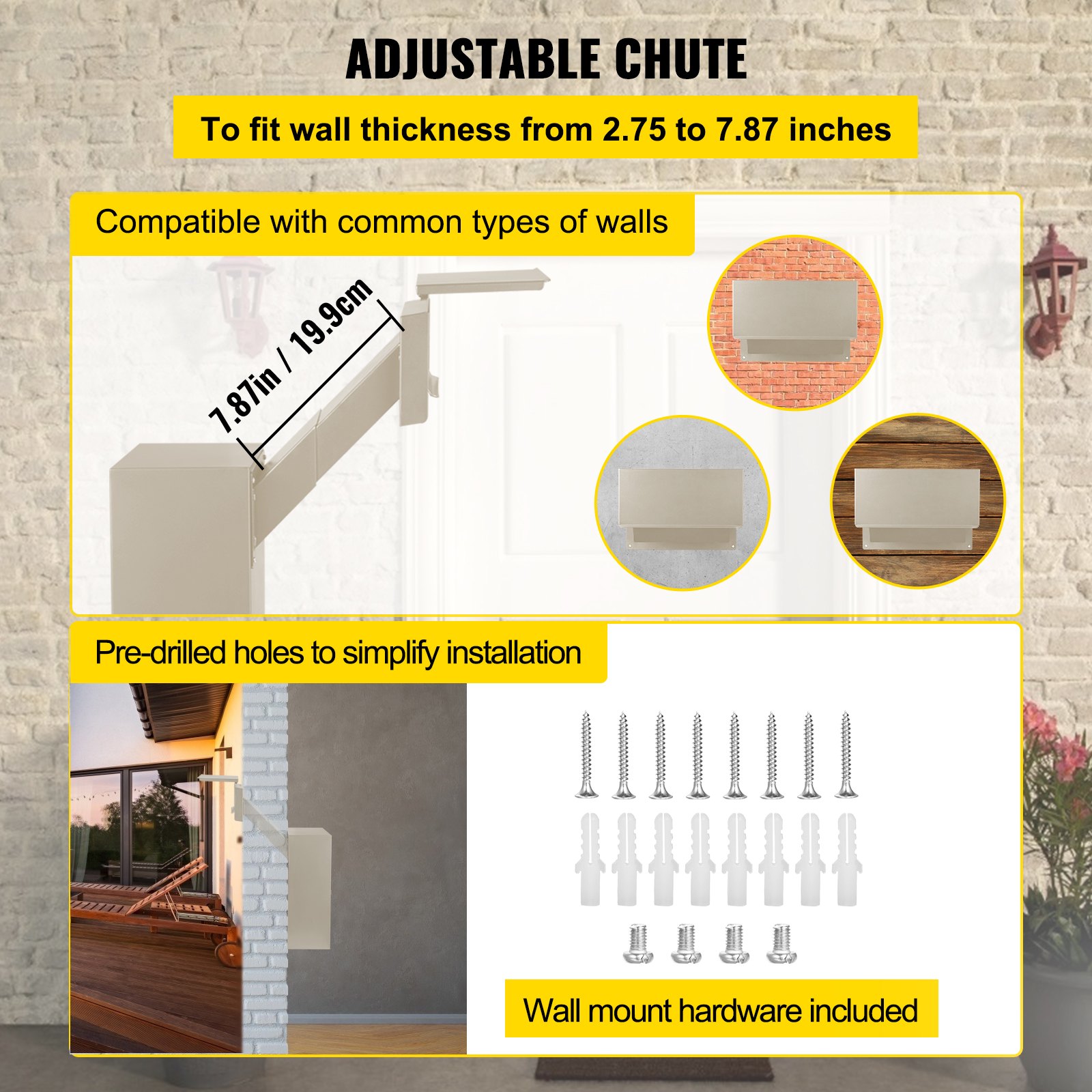 Buzón VEVOR con conducto ajustable, orificios pretaladrados y herrajes para montaje en pared incluidos.