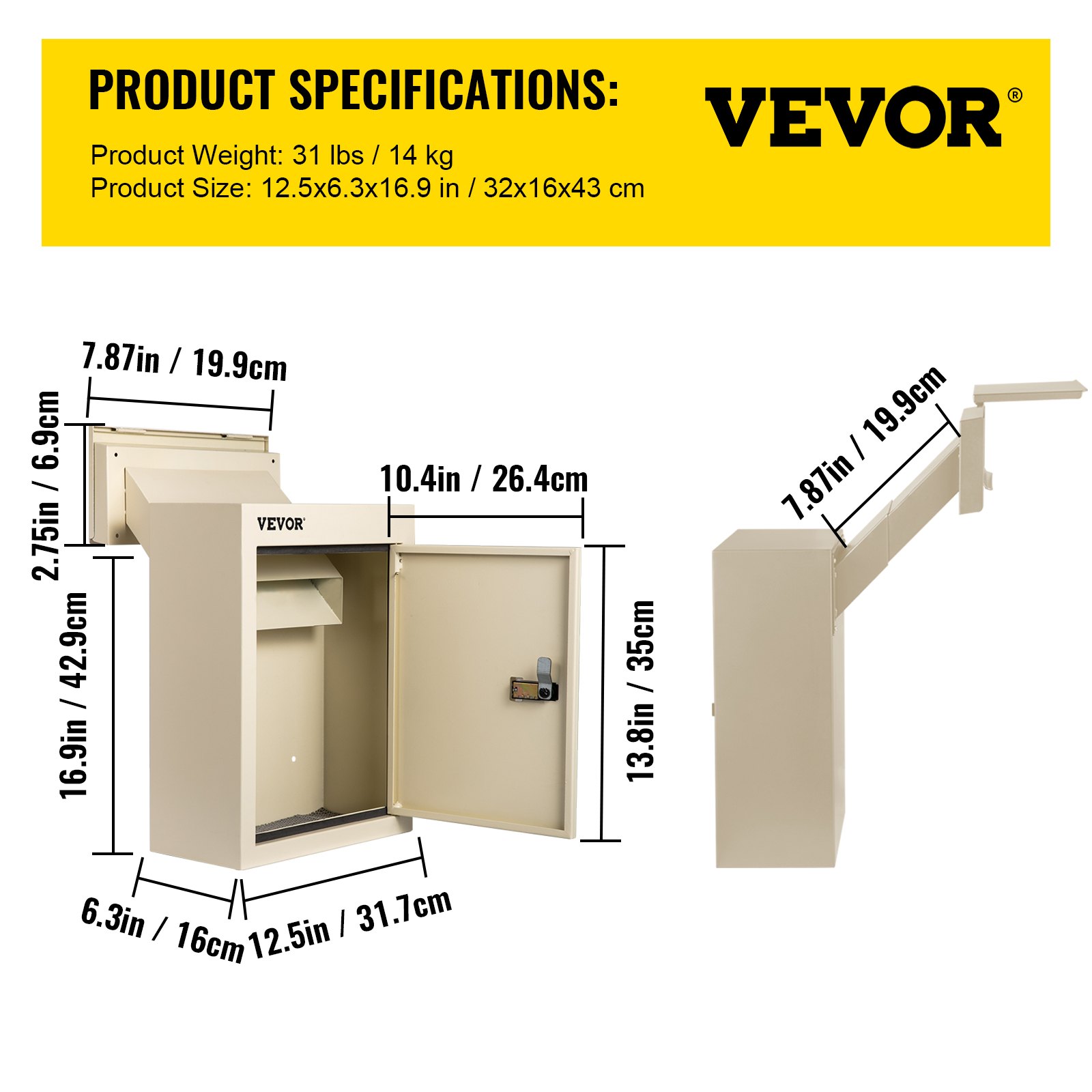 Buzón de VEVOR con dimensiones y especificaciones del producto mostradas.
