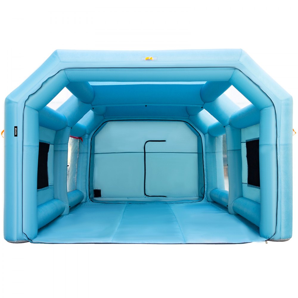Cabina de pintura inflable azul VEVOR con lados transparentes y un interior espacioso.