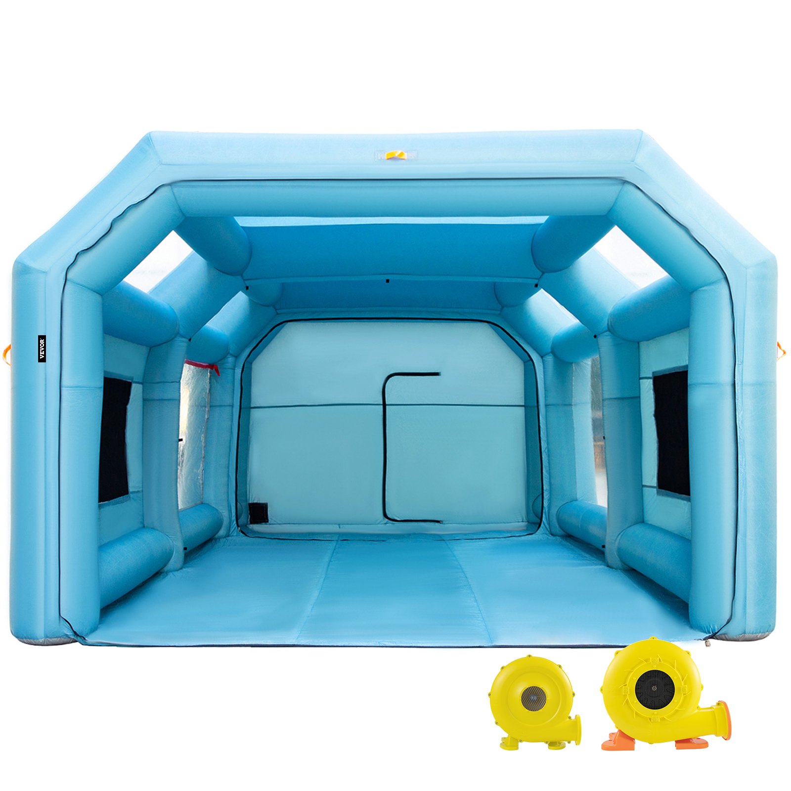 Cabina de pintura inflable VEVOR en color azul con dos sopladores amarillos incluidos.