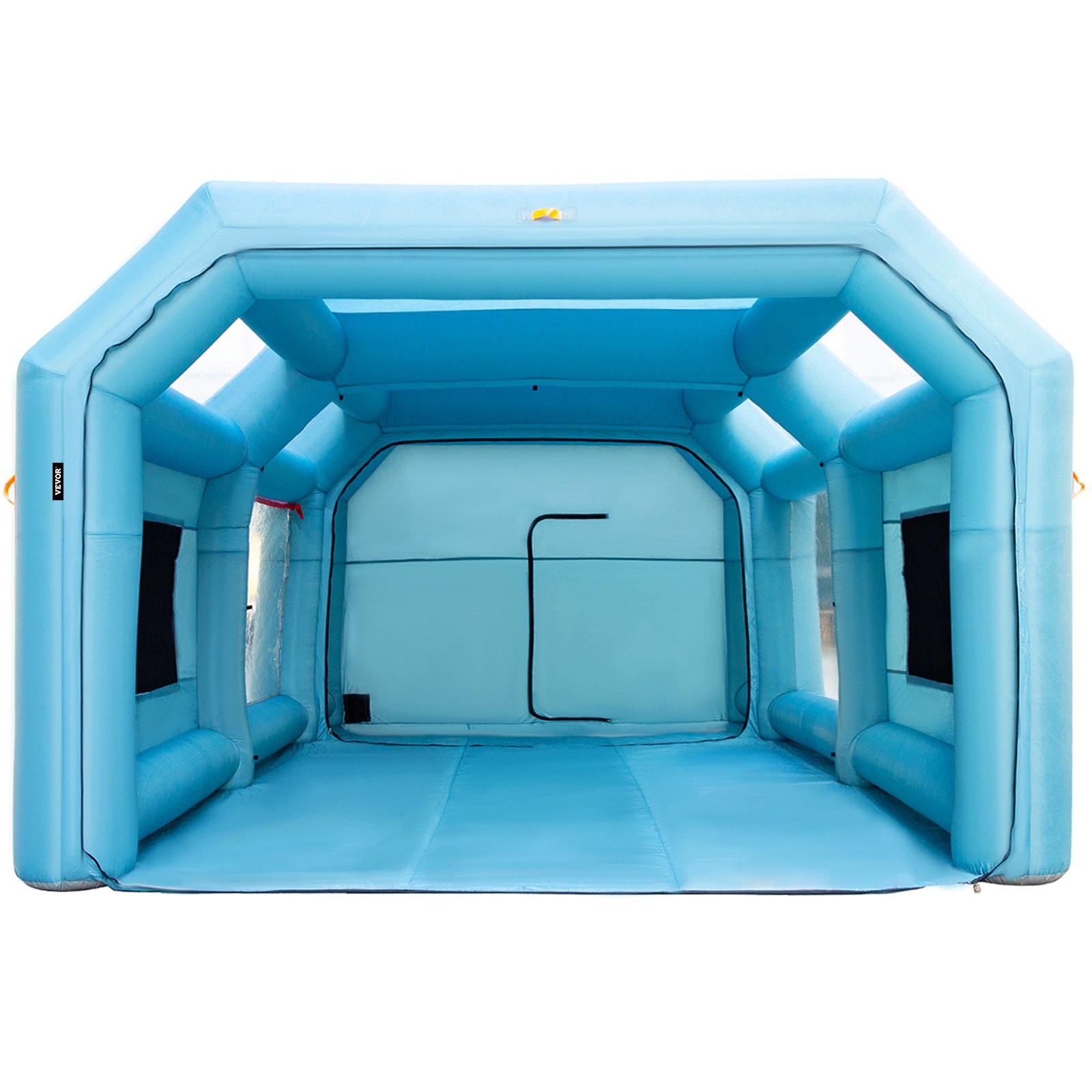Cabina de pintura inflable azul VEVOR con lados transparentes y un interior espacioso.