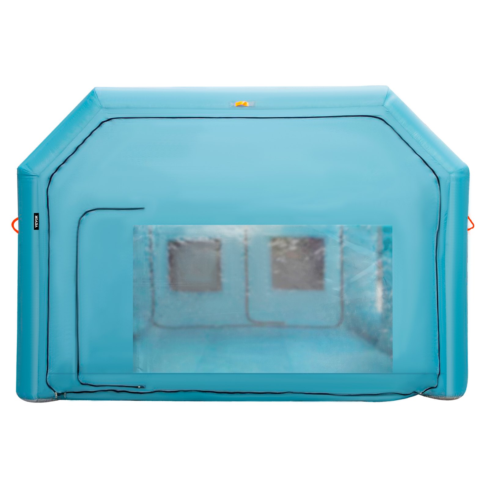 Cabina de pintura inflable VEVOR en color azul claro con ventana frontal transparente.