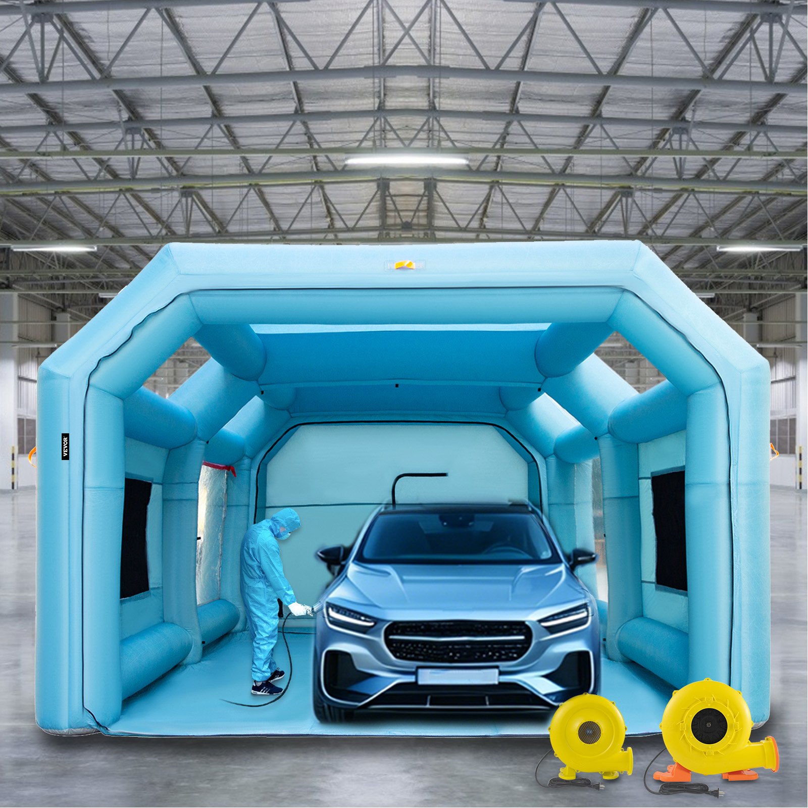 VEVOR Cabina de pintura inflable portátil, cabina de pintura inflable de 28 x 15 x 10 pies, tienda de campaña de pintura para coche con sistema de filtro de aire y 2 sopladores, tienda de campaña mejorada para cabina de pintura, estación de trabajo de pintura automática, garaje de estacionamiento