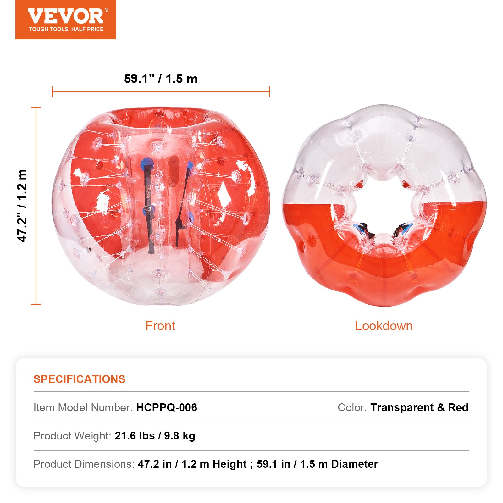 VEVOR - Pelota de parachoques inflable (1 unidad), 1,5 m (5 pies) de cuerpo, ideal para adolescentes y adultos, con forma de hámster humano de PVC de 0,8 mm de grosor, ideal para juegos en equipo al aire libre, ideal para jardín, patio y parque.