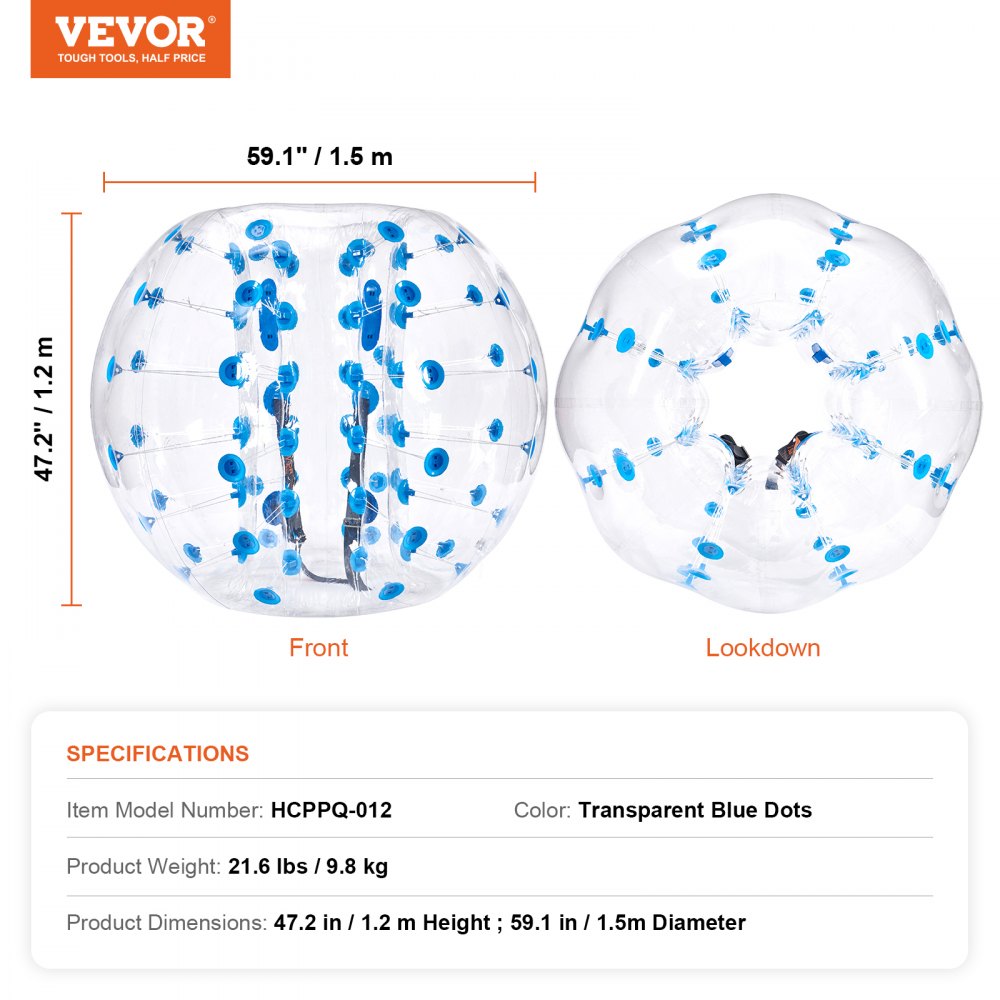 Pelota de choque inflable VEVOR con puntos azules transparentes, 47,2 pulgadas de altura, 59,1 pulgadas de diámetro.