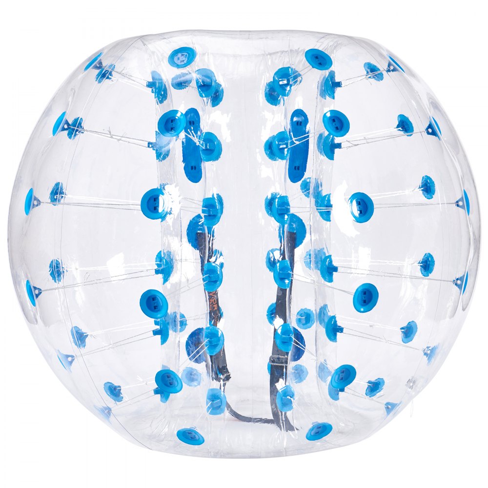 Pelota de choque inflable VEVOR con asas y correas azules en un diseño transparente similar a una burbuja.