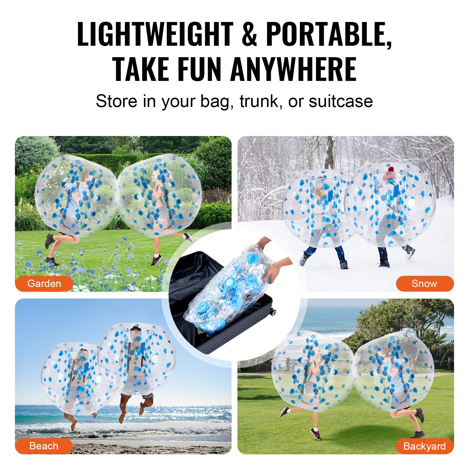 Pelota de choque inflable VEVOR utilizada en jardín, nieve, playa y patio trasero; fácil de almacenar y transportar.