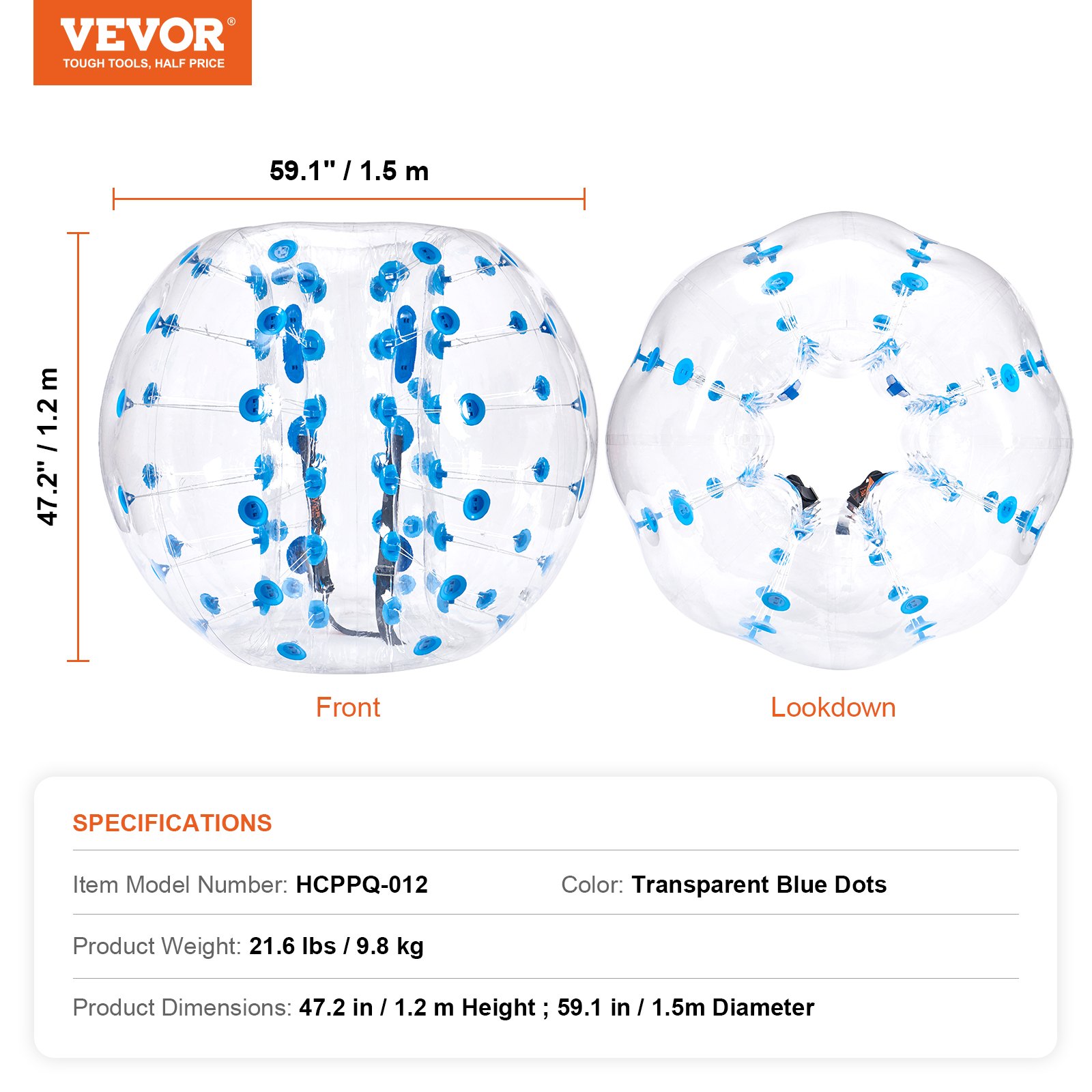 Pelota de choque inflable VEVOR con puntos azules transparentes, 47,2 pulgadas de altura, 59,1 pulgadas de diámetro.