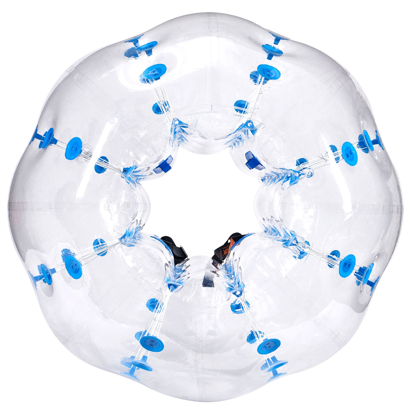 Pelota de parachoques inflable VEVOR transparente con asas azules y correas interiores para mayor seguridad.