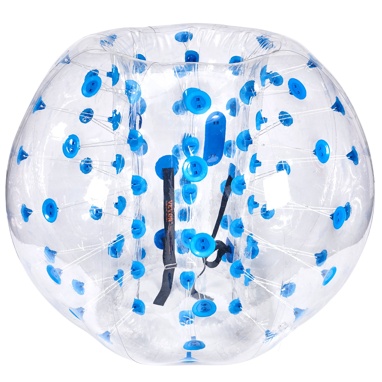 Pelota de choque inflable VEVOR de plástico transparente con asas azules y correas de soporte internas.