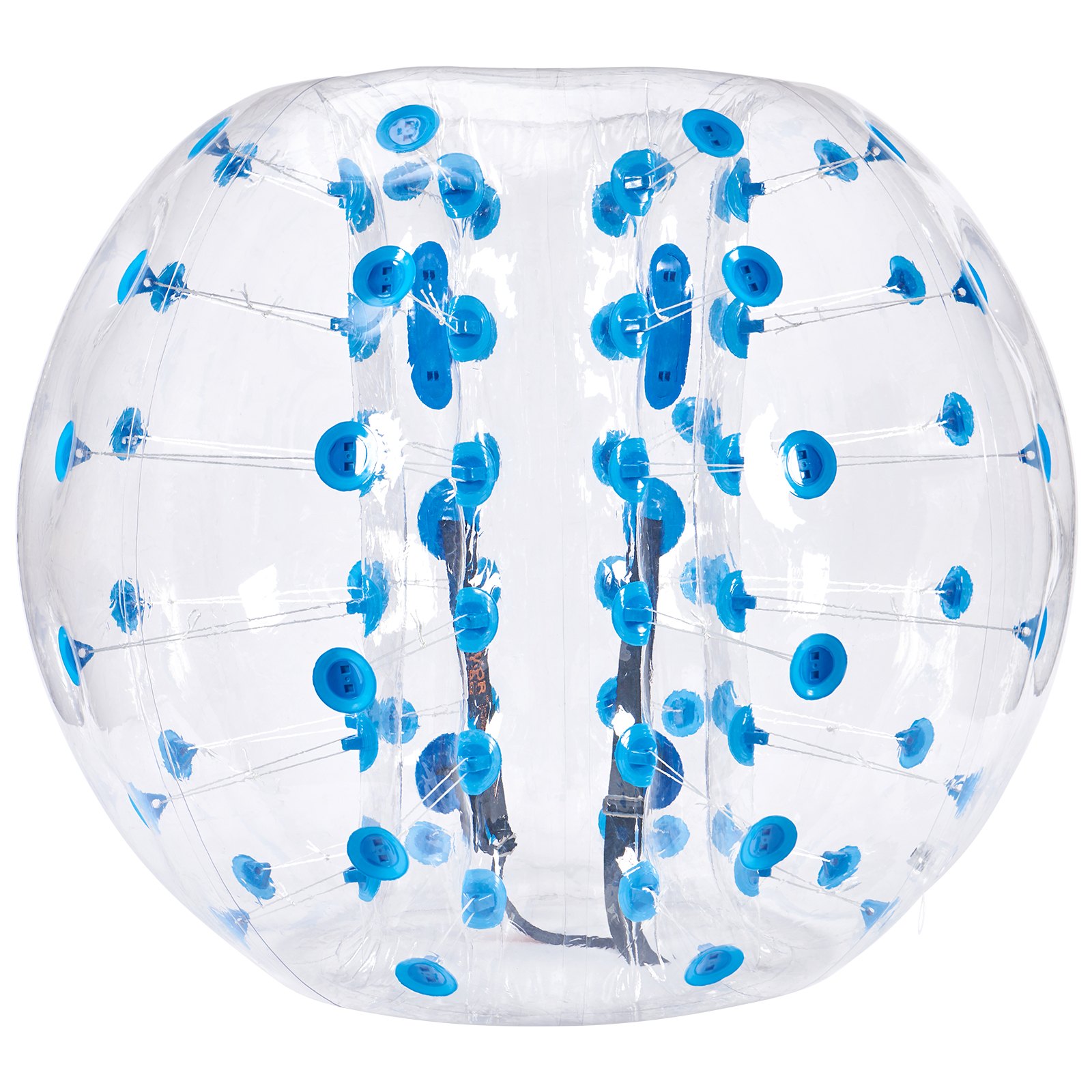 Pelota de choque inflable VEVOR con asas y correas azules en un diseño transparente similar a una burbuja.