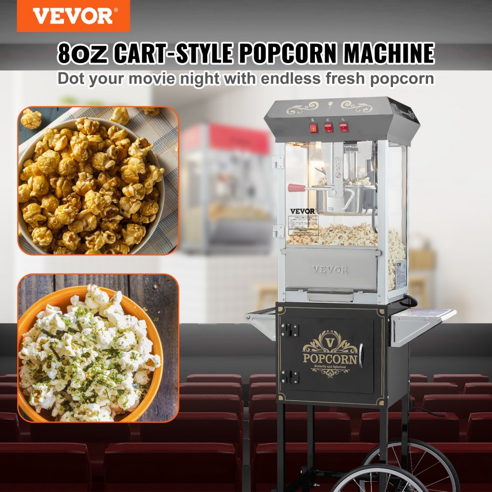 Máquina para hacer palomitas de maíz VEVOR con carrito, 850 W, hervidor de 226 ml (8 oz), 48 tazas por tanda, vidrio templado, 4 cucharas, estilo cine, color negro