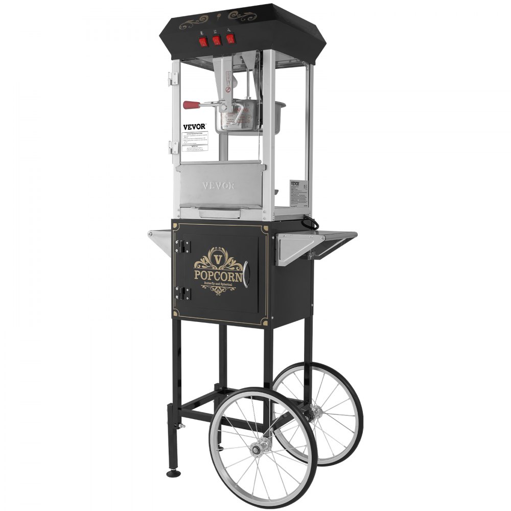 Máquina para hacer palomitas de maíz VEVOR con carrito, 850 W, hervidor de 226 ml (8 oz), 48 tazas por tanda, vidrio templado, 4 cucharas, estilo cine, color negro