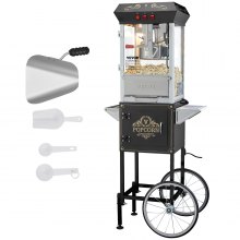 Máquina para hacer palomitas de maíz VEVOR con carrito, 850 W, hervidor de 226 ml (8 oz), 48 tazas por tanda, vidrio templado, 4 cucharas, estilo cine, color negro