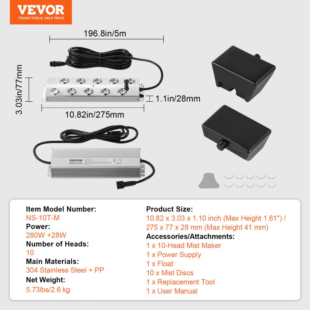 VEVOR - Generador de niebla ultrasónica de 10 cabezales, 7000 ml/h, con fuente de alimentación impermeable IP67 de 280 W, boya y discos de repuesto, para estanques, jardines, rocallas, invernaderos y decoración de Halloween.