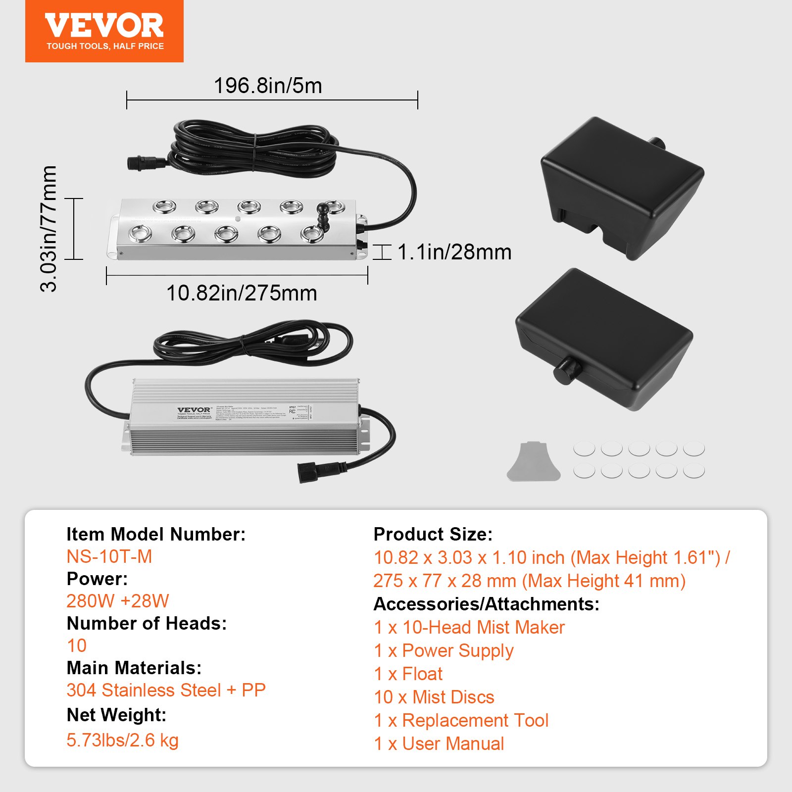 VEVOR - Generador de niebla ultrasónica de 10 cabezales, 7000 ml/h, con fuente de alimentación impermeable IP67 de 280 W, boya y discos de repuesto, para estanques, jardines, rocallas, invernaderos y decoración de Halloween.