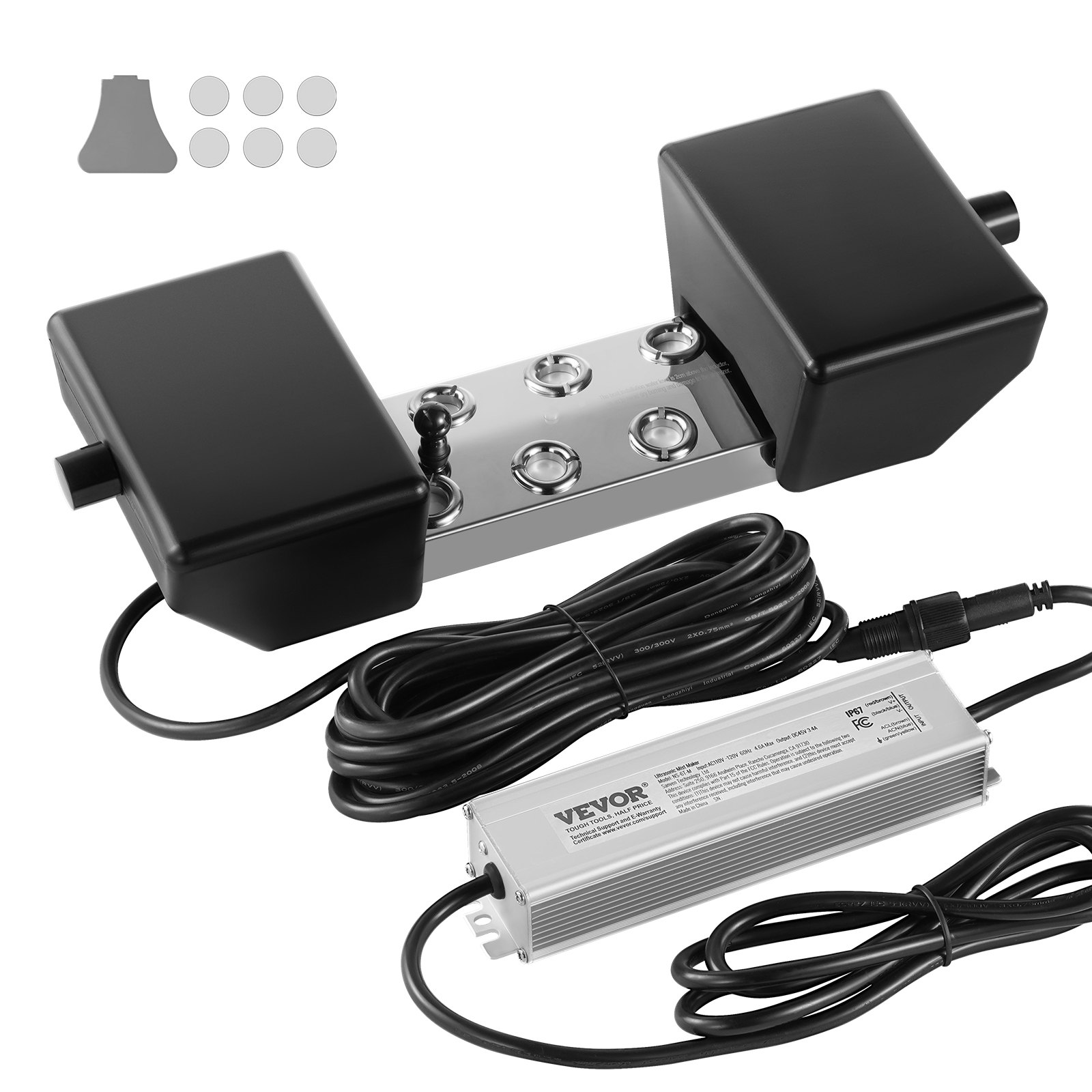 Máquina de niebla ultrasónica VEVOR de 6 cabezales, 4500 ml/h, con fuente de alimentación impermeable IP67 de 165 W, boya y discos de repuesto. Ideal para estanques, jardines, rocallas, invernaderos y decoración de Halloween.