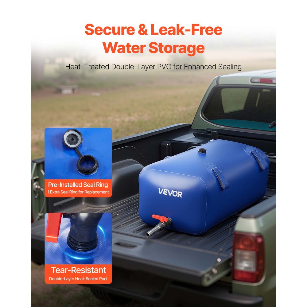 Bolsa de almacenamiento de agua VEVOR de 30 galones de gran capacidad, contenedor de agua blanda portátil y plegable, tanque de almacenamiento de agua de emergencia de PVC a prueba de fugas y resistente a desgarros para vehículos recreativos, camiones y uso en exteriores.