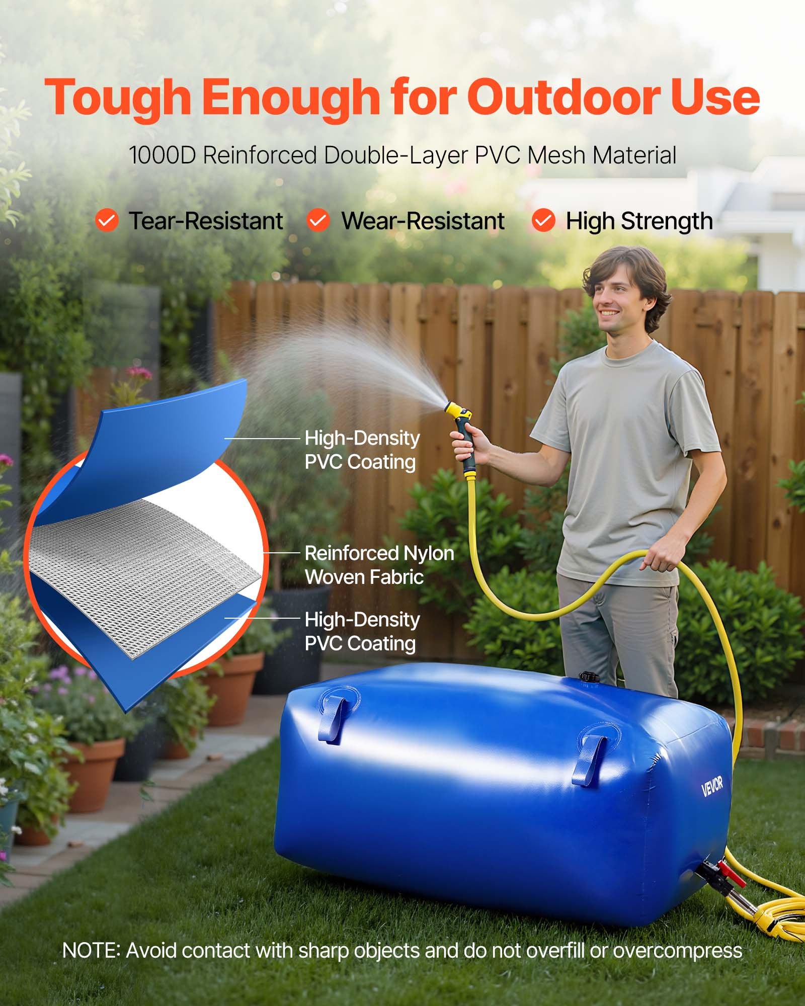 Bolsa de almacenamiento de agua VEVOR de 63.4 galones (238 litros), portátil y plegable, resistente a fugas y rasgaduras, fabricada en PVC. Ideal para vehículos recreativos, camiones y actividades al aire libre.