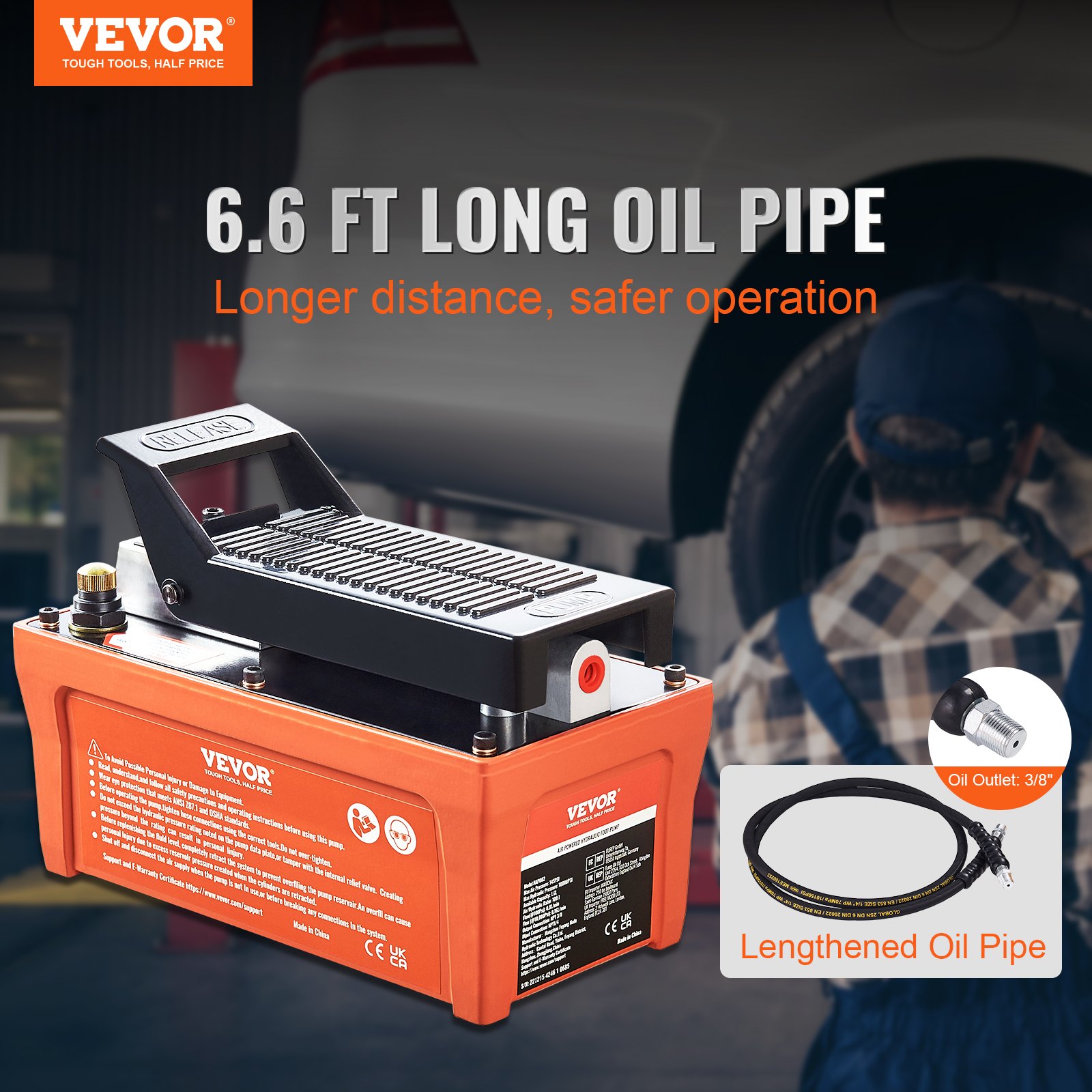 Bomba hidráulica neumática VEVOR, 10 000 PSI, depósito de 1/2 galón, salida de aceite NPT de 3/8", entrada NPT de 1/4", tubo de 6,6 pies, bomba hidráulica accionada con el pie, pedal neumático para carrocerías, máquinas y postes de tracción, color naranja
